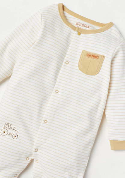 Giggles Striped Sleepsuit with Pocket and Long Sleeves-Sleepsuits-image-1