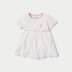 Giggles Striped A-line Dress with Short Sleeves and Ruffles