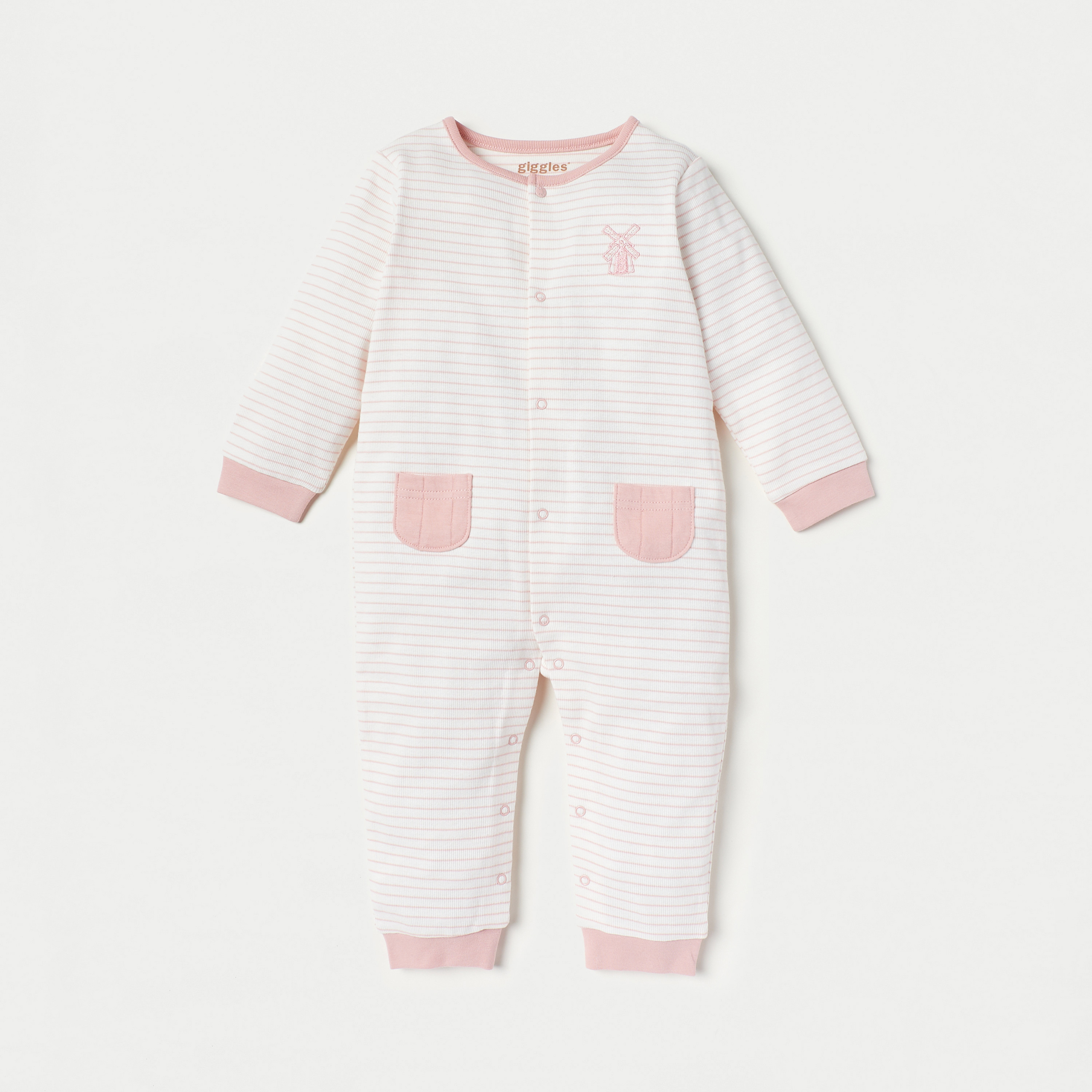 Giggles Striped Sleepsuit with Long Sleeves and Pockets-baby-girls-clothing-nightwear-sleepsuits-image-1