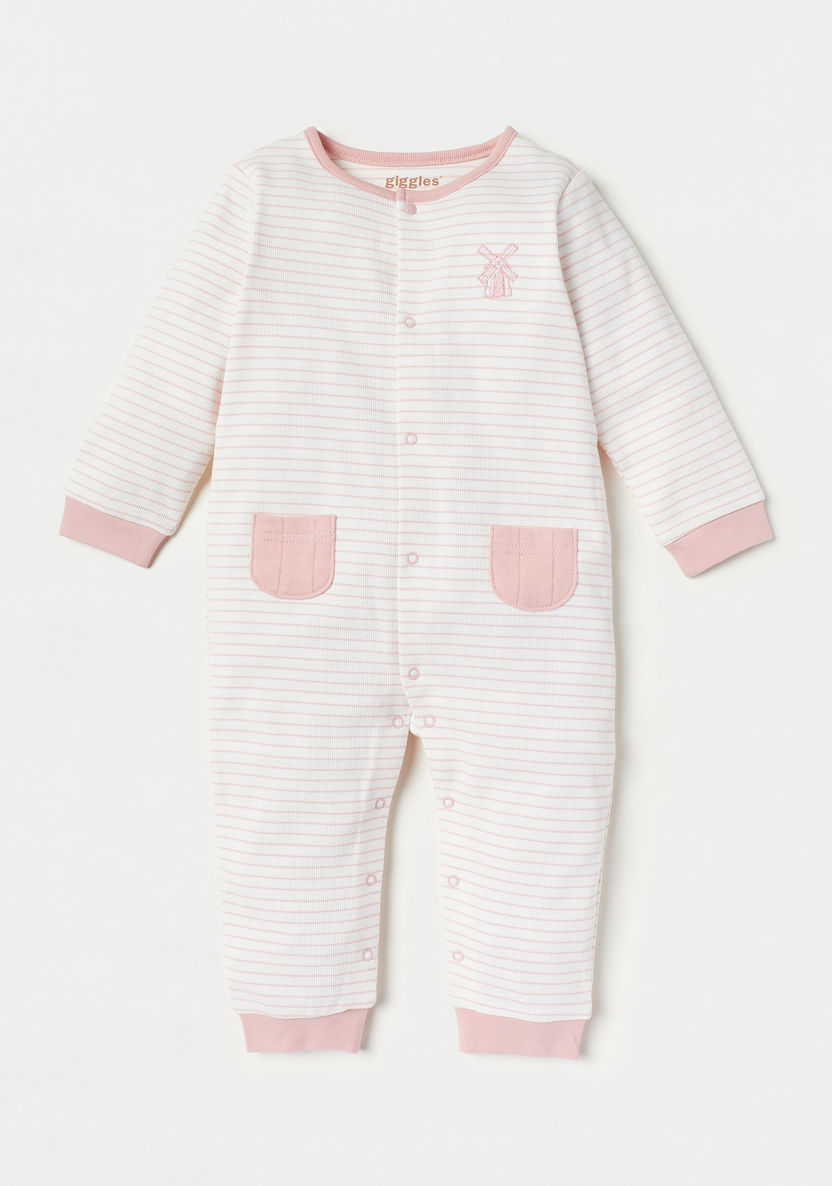 Giggles Striped Sleepsuit with Long Sleeves and Pockets-Sleepsuits-image-0