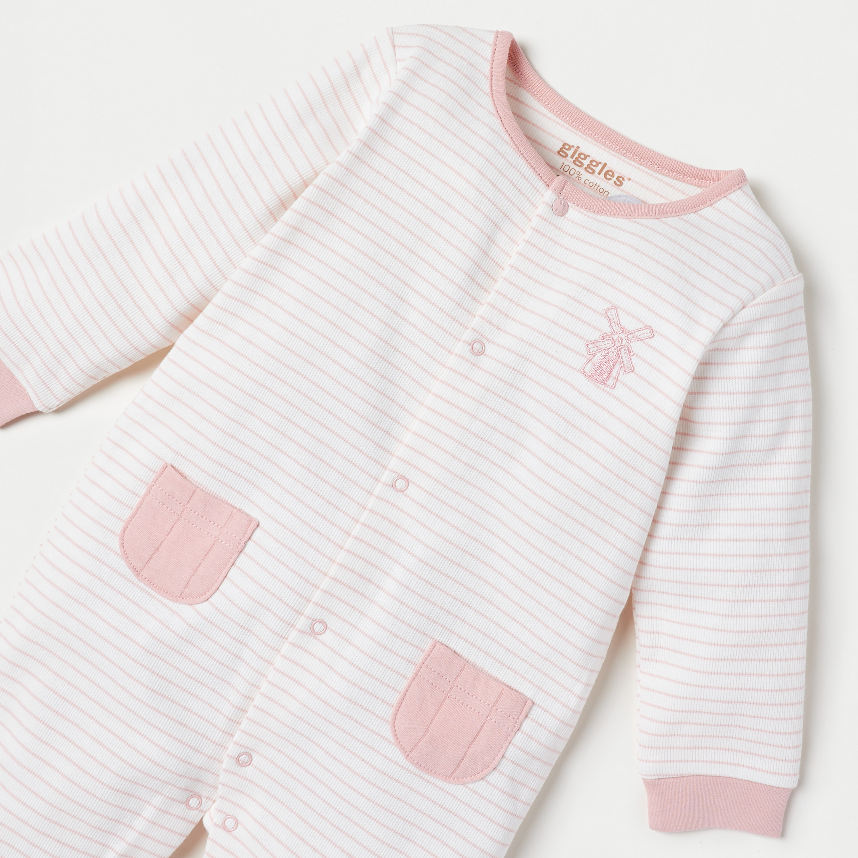 Giggles Striped Sleepsuit with Long Sleeves and Pockets-baby-girls-clothing-nightwear-sleepsuits-image-2