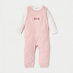 Giggles Striped Long Sleeves T-shirt and Embroidered Dungaree Set