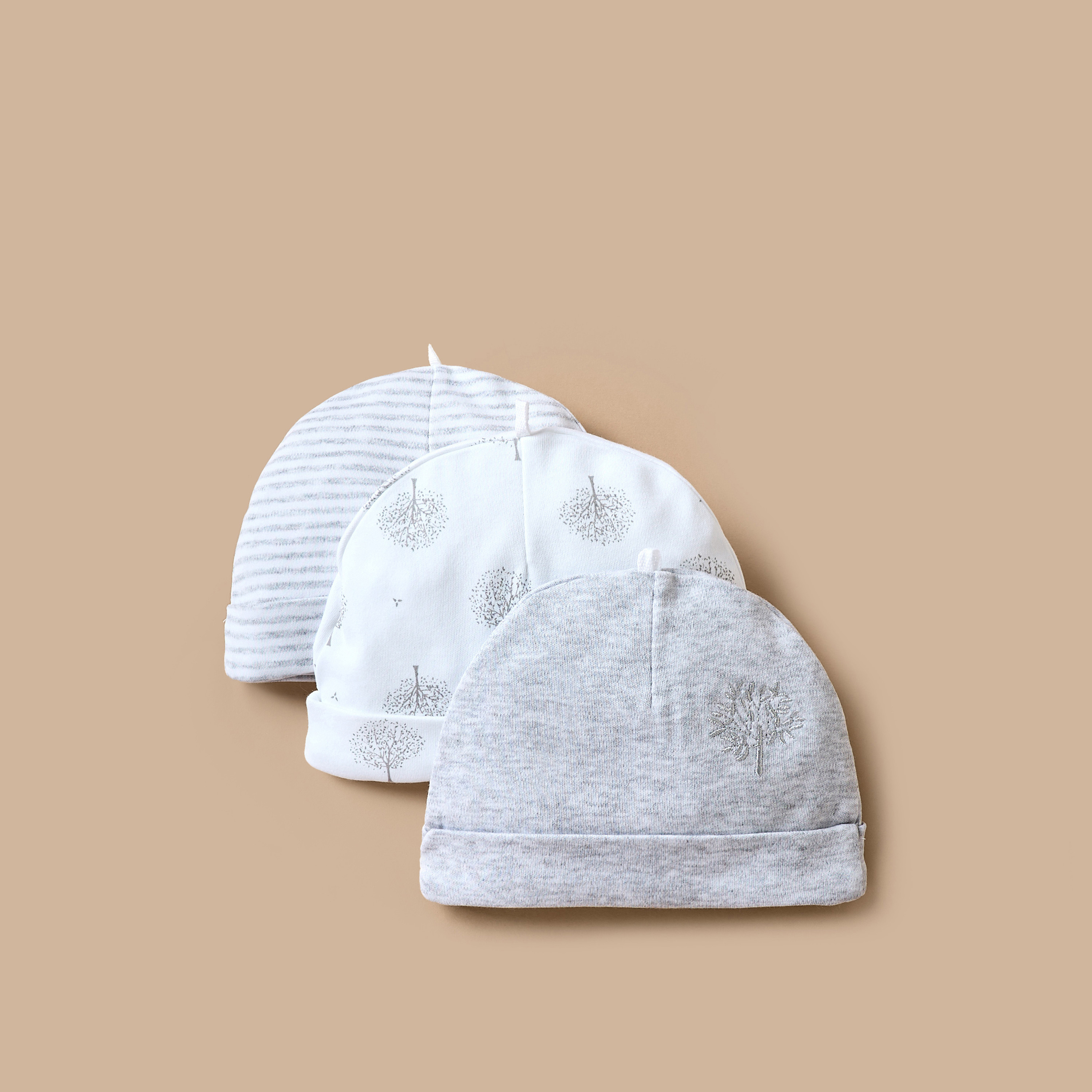 Juniors Leaf Print Beanie Cap - Set of 3-baby-boys-accessories-caps-image-1