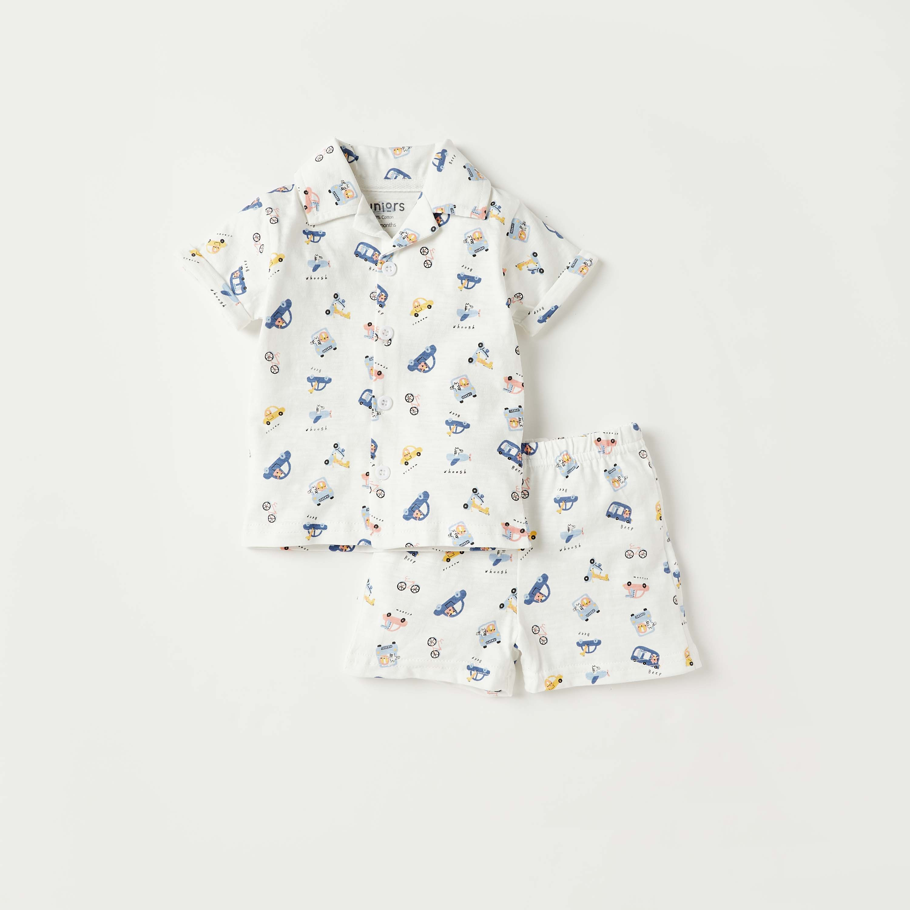 Juniors All-Over Car Print Shirt and Elasticated Shorts Set-baby-boys-clothing-nightwear-pyjamasets-image-1