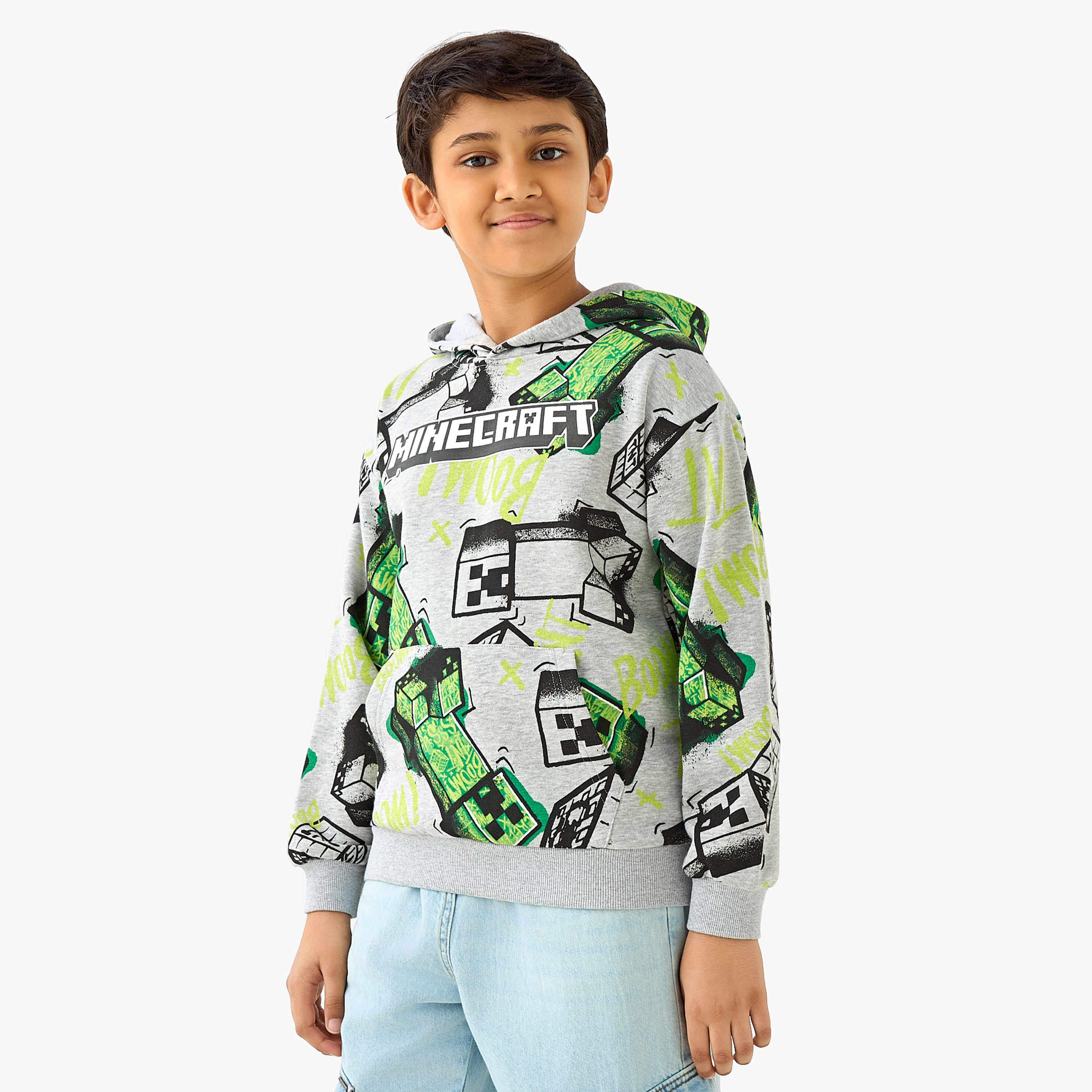 Minecraft Printed Hooded Sweatshirt with Long Sleeves-boys-clothing-sweatshirts-image-1