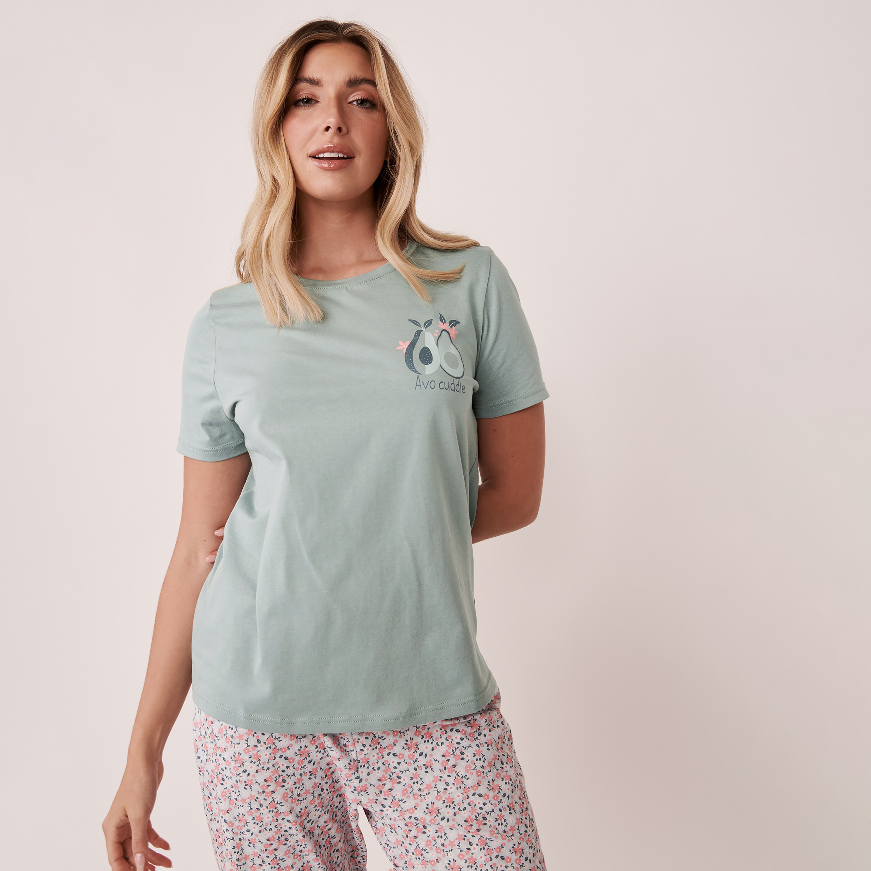 تي شيرت لا في إن روز نسائي أزرق بأكمام قصيرة ورقبة دائرية مطبوعة-women-clothing-nightwear-pyjamas-tops-image-1