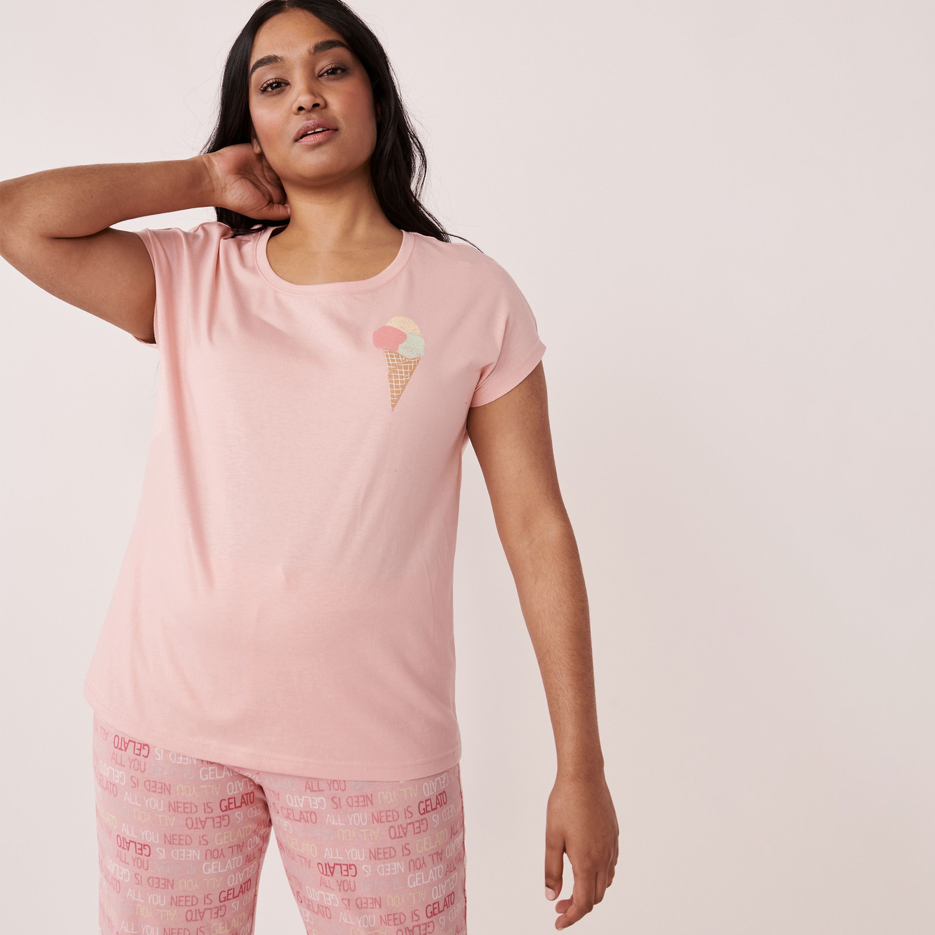 تي شيرت لا في إن روز نسائي وردي بأكمام قصيرة ورقبة مستديرة مطبوعة-women-clothing-nightwear-pyjamas-tops-image-1