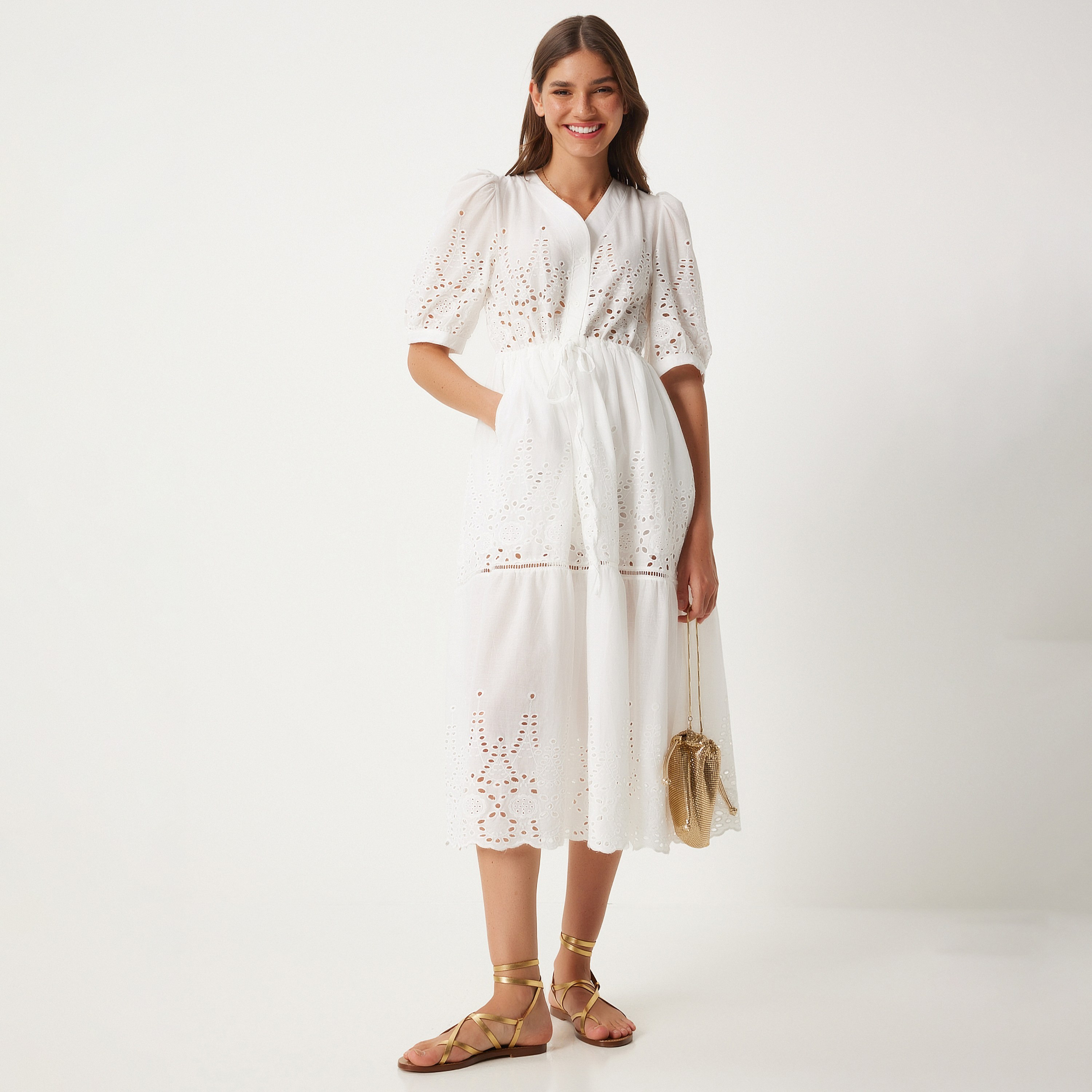 فستان نسائي أبيض مطرز بأكمام منتفخة من إسطنبول إسطنبول سعادة إسطنبول-women-clothing-dresses-image-1