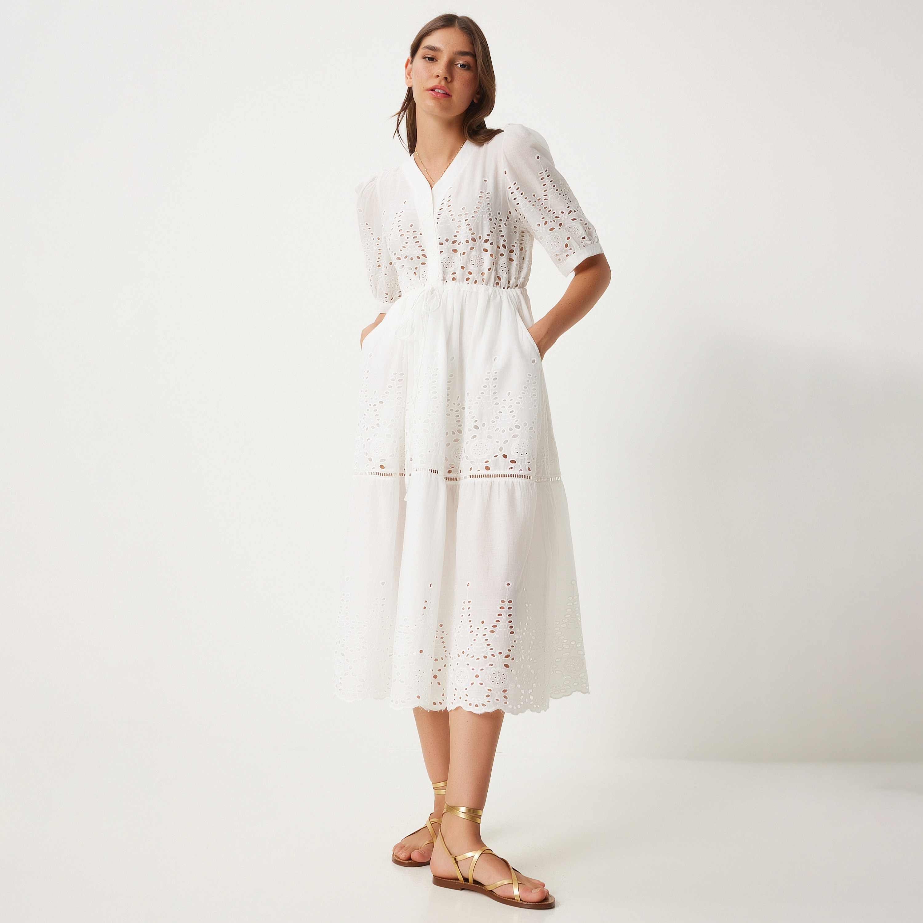 فستان نسائي أبيض مطرز بأكمام منتفخة من إسطنبول إسطنبول سعادة إسطنبول-women-clothing-dresses-image-2