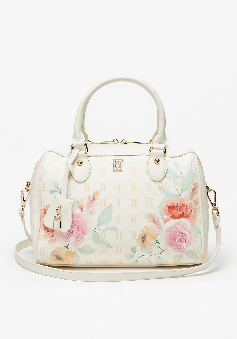 Elle Floral Print Bowler Bag with Detachable Strap and Zip Closure-Women%27s Handbags-image-0