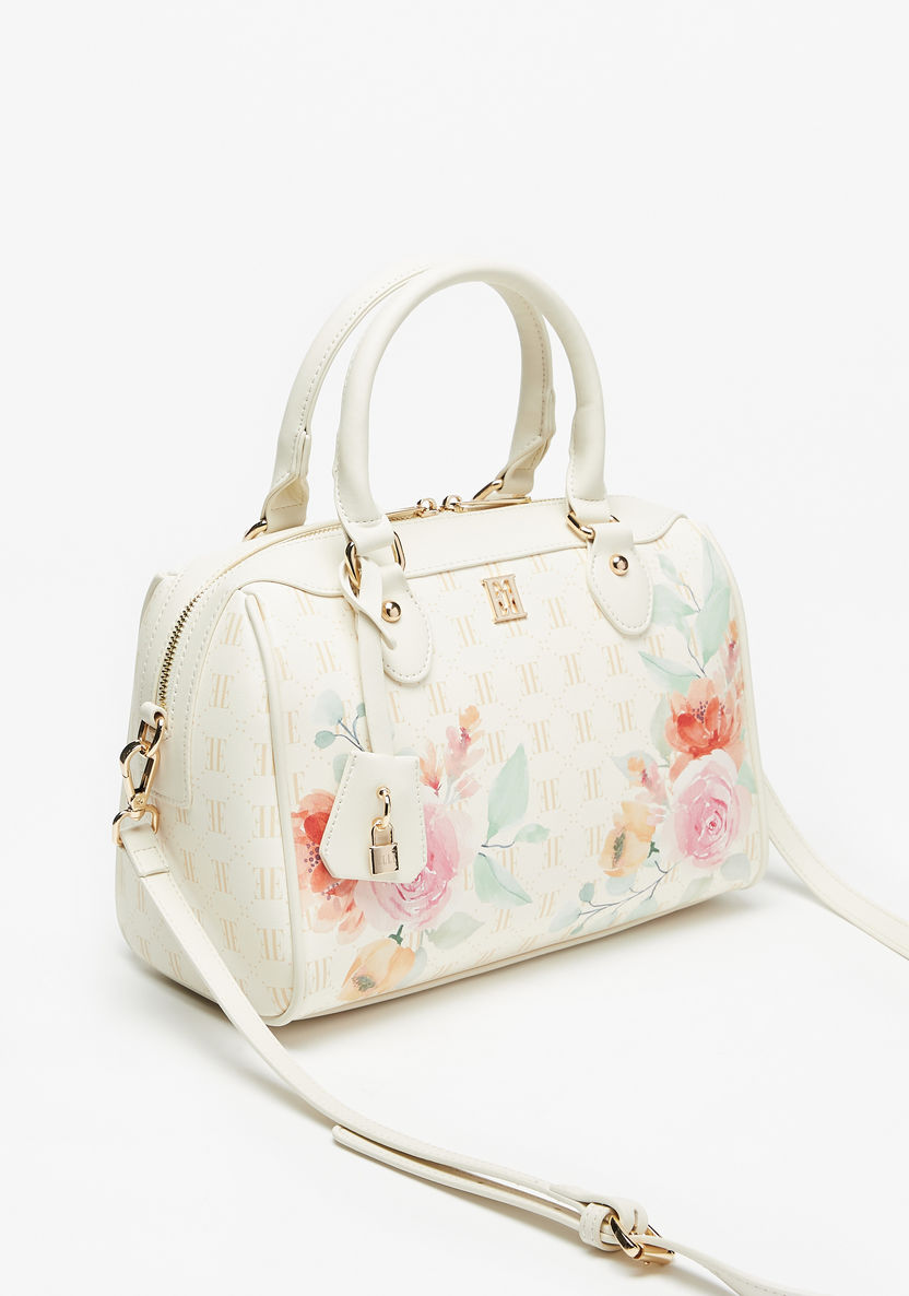Elle Floral Print Bowler Bag with Detachable Strap and Zip Closure-Women%27s Handbags-image-1