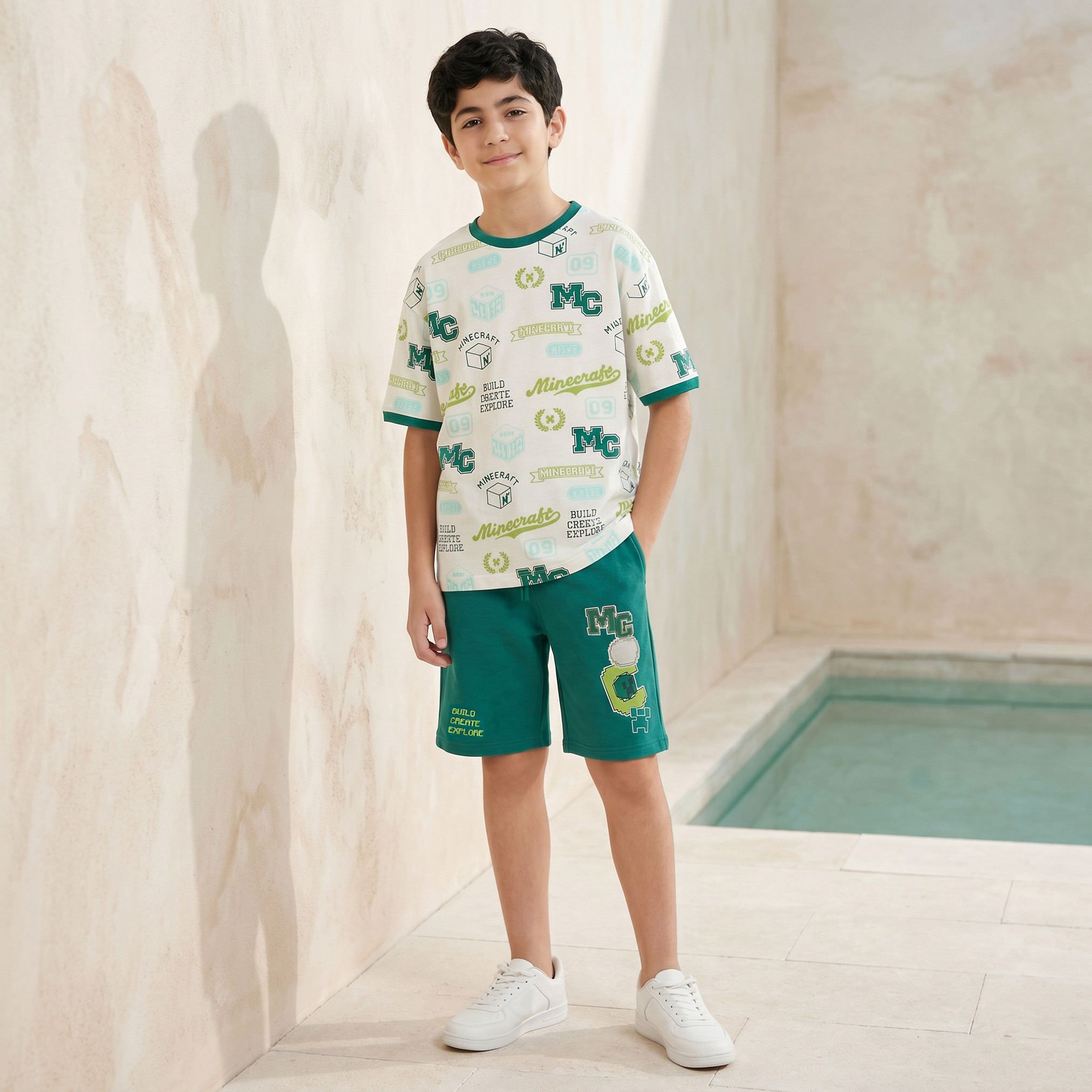 طقم تيشيرت وشورت بياقة ضيقة وأكمام قصيرة وطبعات من ماينكرافت-boys-clothing-setsandcoords-image-1
