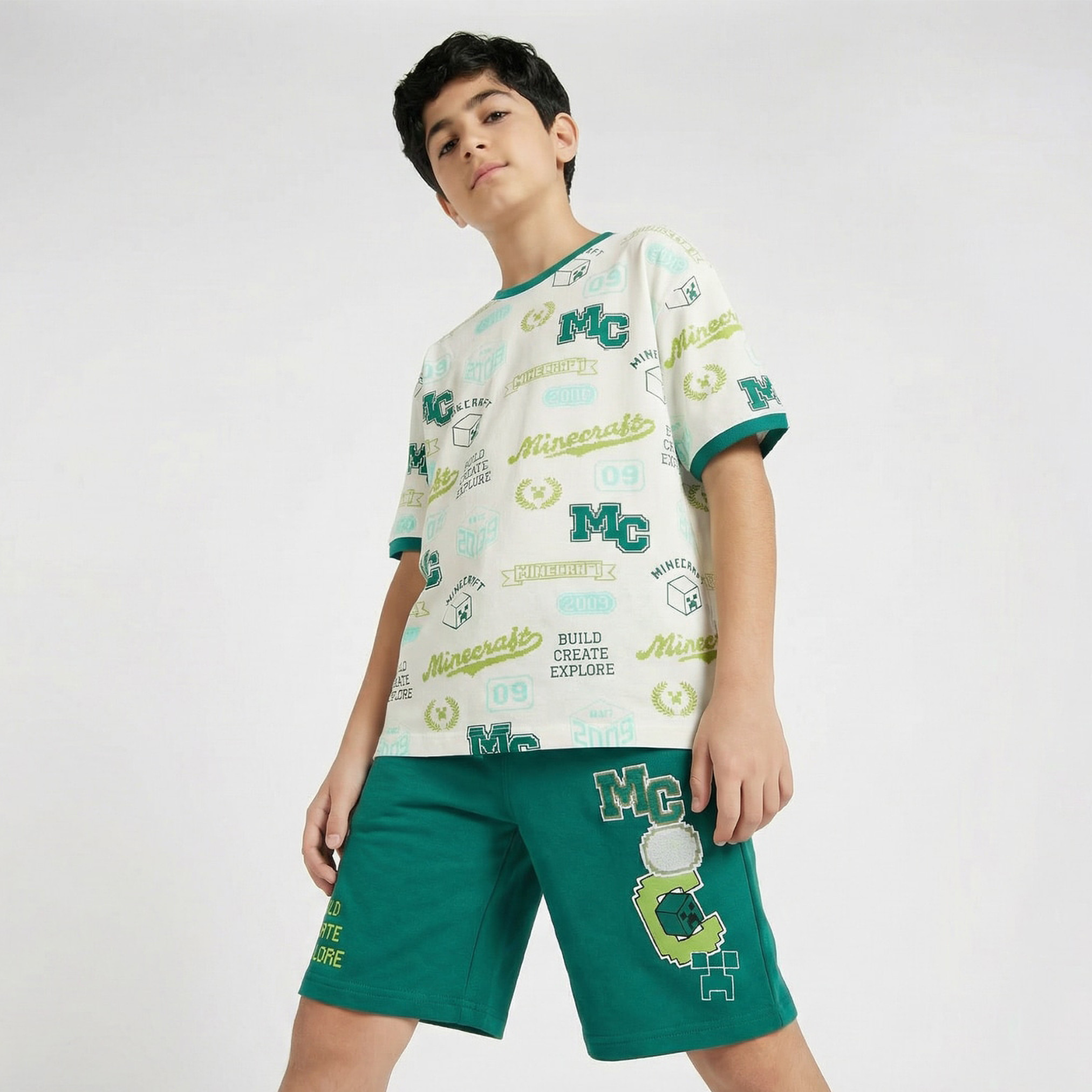 طقم تيشيرت وشورت بياقة ضيقة وأكمام قصيرة وطبعات من ماينكرافت-boys-clothing-setsandcoords-image-2