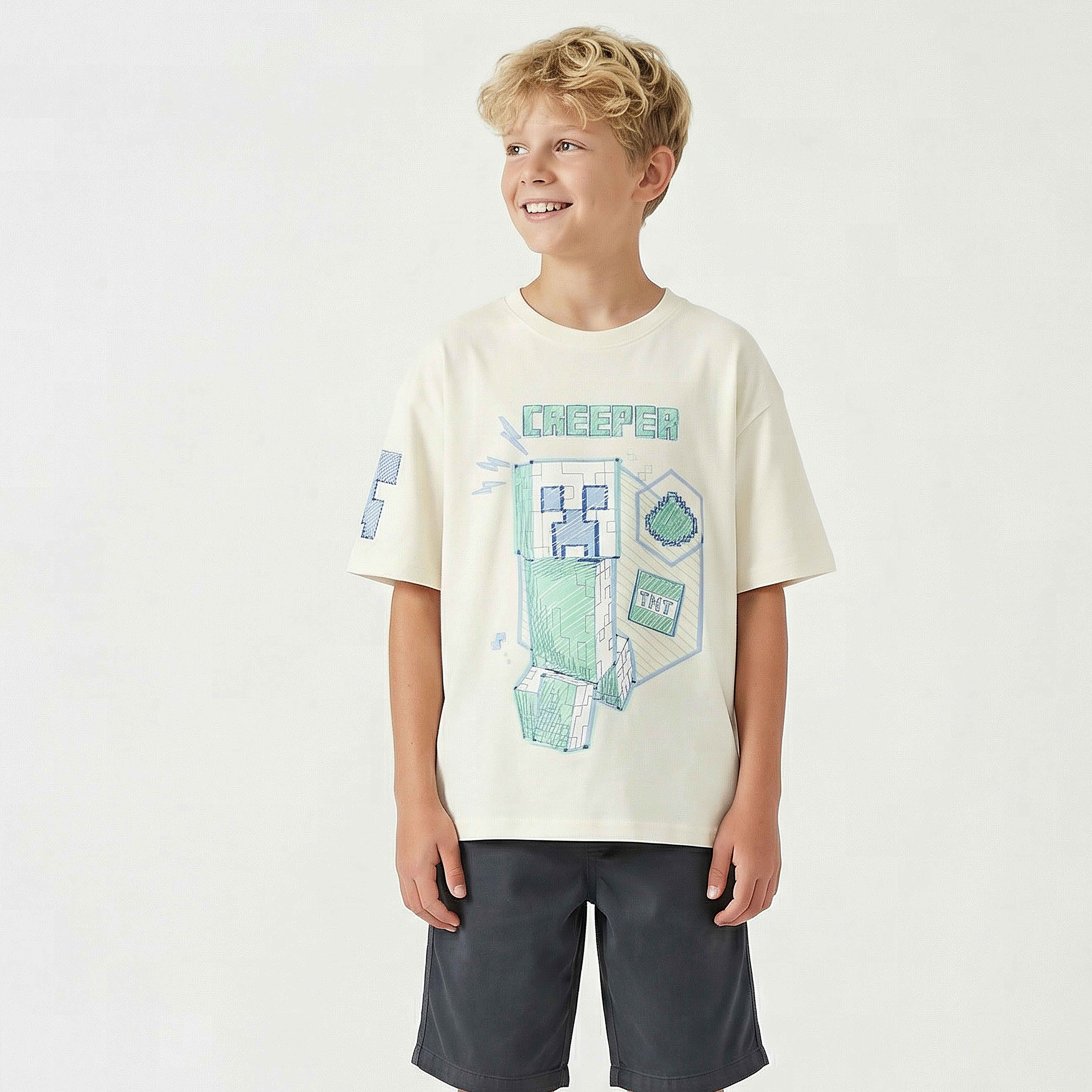 تيشيرت بياقة مستديرة وأكمام قصيرة وطبعات ماينكرافت-boys-clothing-tshirtsandpolos-image-4