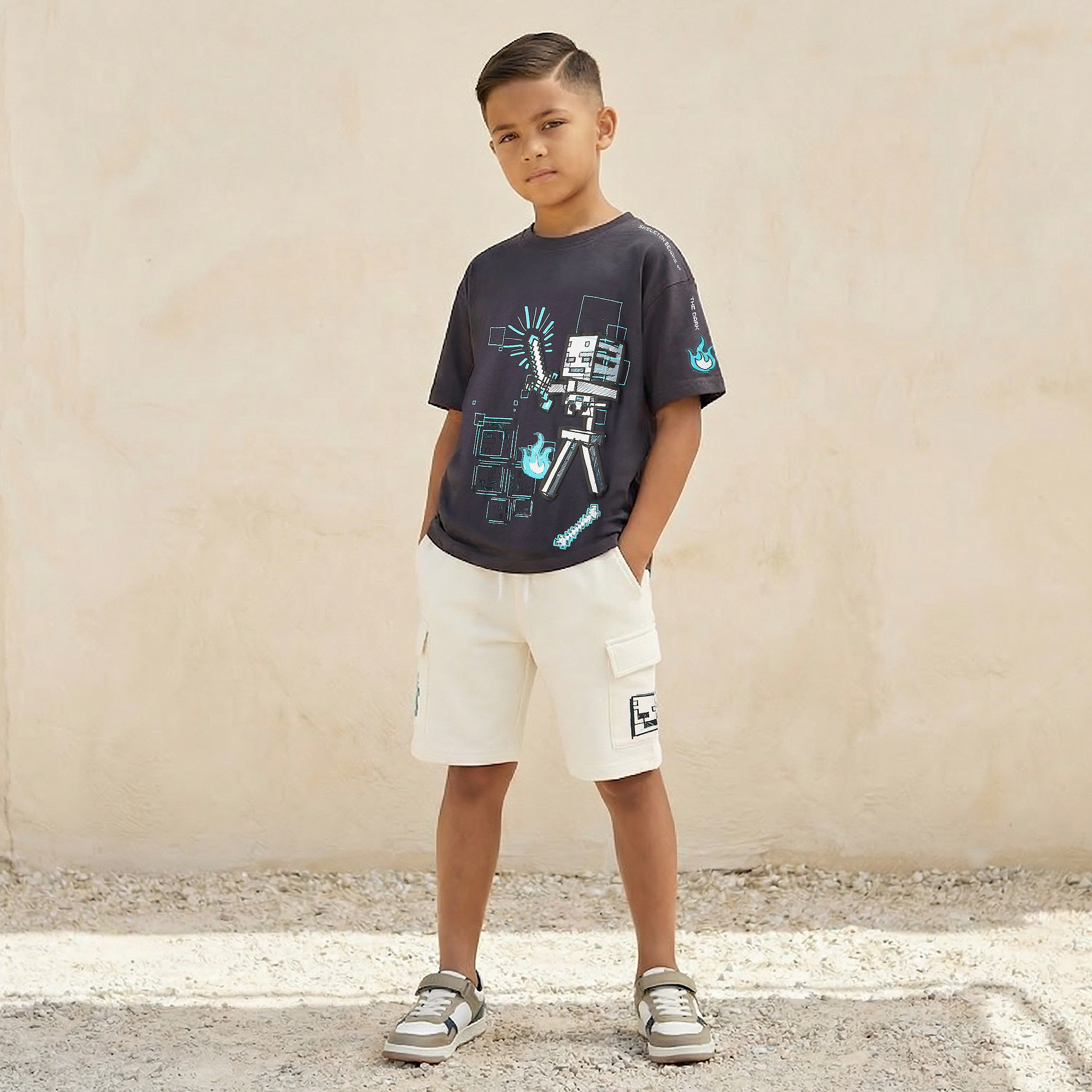 Minecraft Crew Neck Short Sleeve T-shirt and Shorts Set with Graphic Print-boys-clothing-setsandcoords-image-1