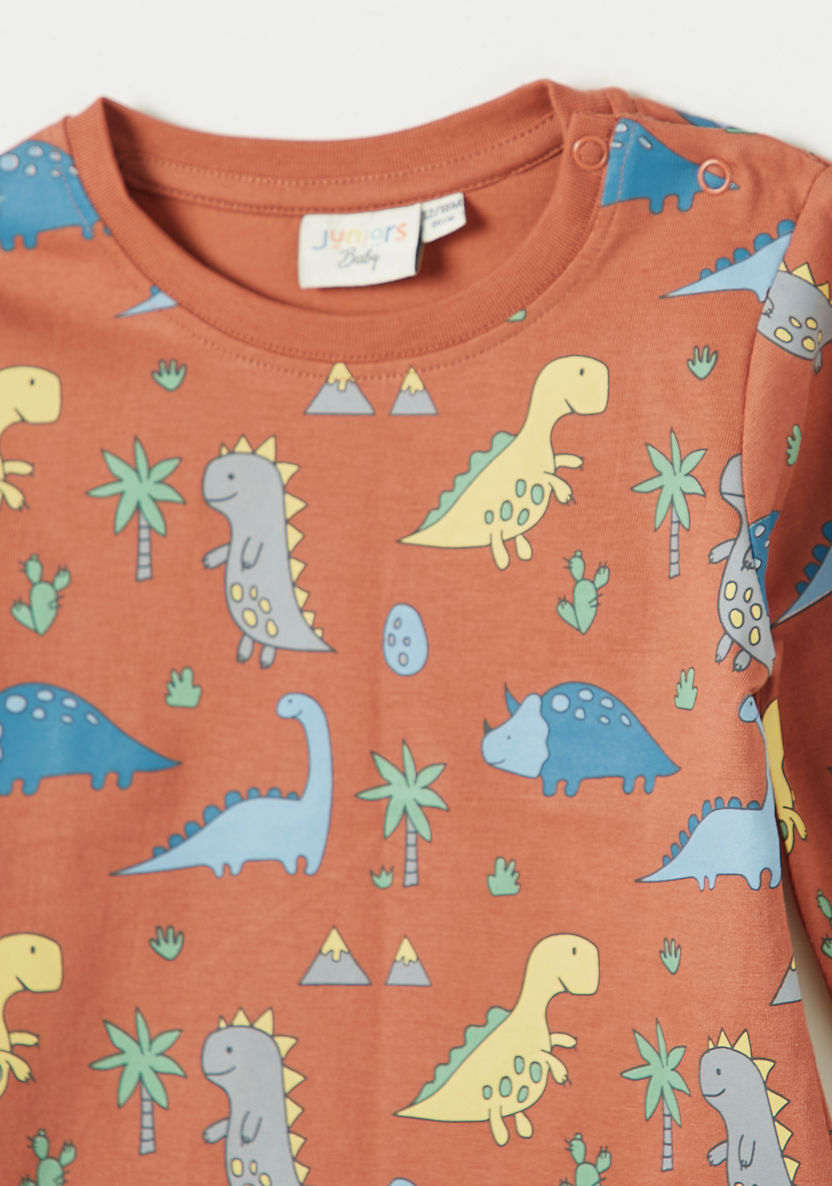 Juniors All-Over Dinosaur Print T-shirt with Long Sleeves and Crew Neck-T Shirts-image-1