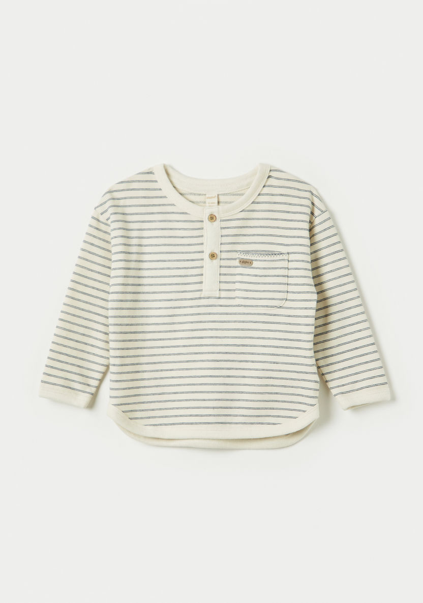 Juniors Striped Henley Neck T-shirt with Long Sleeves-T Shirts-image-0