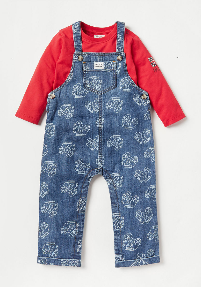 Lee Cooper Printed Dungaree and Solid T-shirt Set-Clothes Sets-image-0