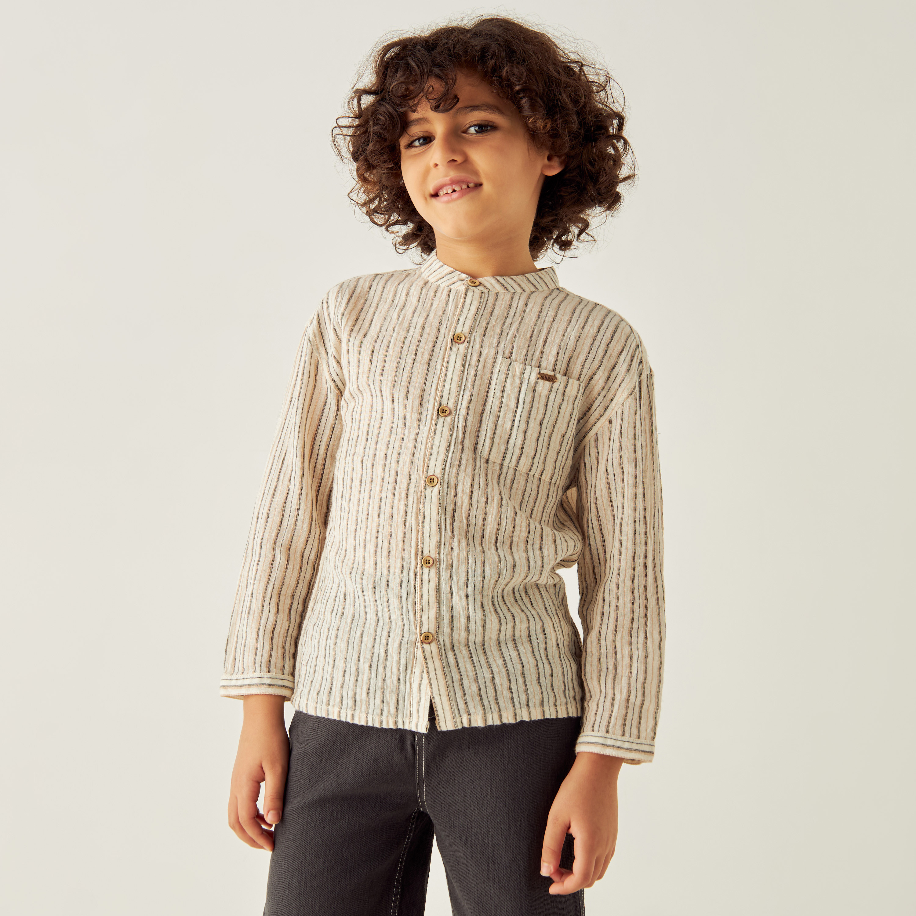 Juniors Striped Shirt with Mandarin Collar and Long Sleeves-boys-clothing-shirts-image-1