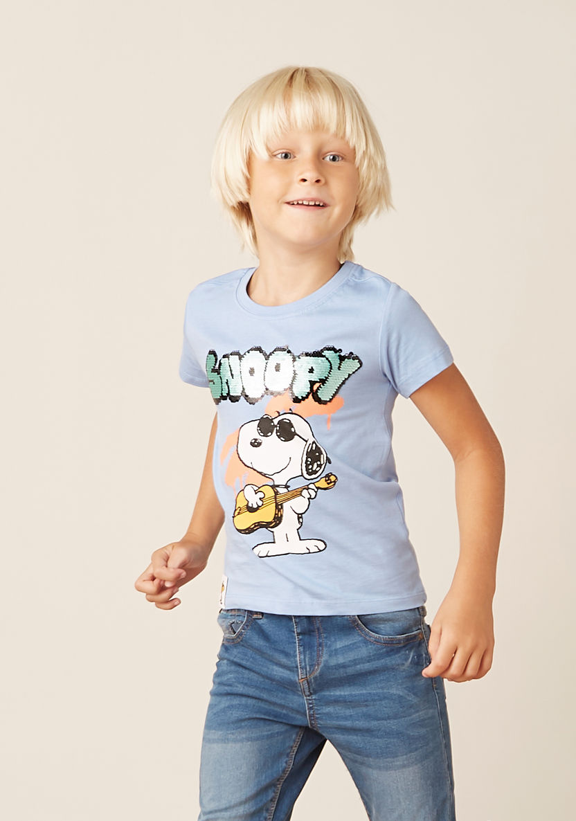 Embellished Snoopy Print T-shirt with Short Sleeves-T Shirts-image-0