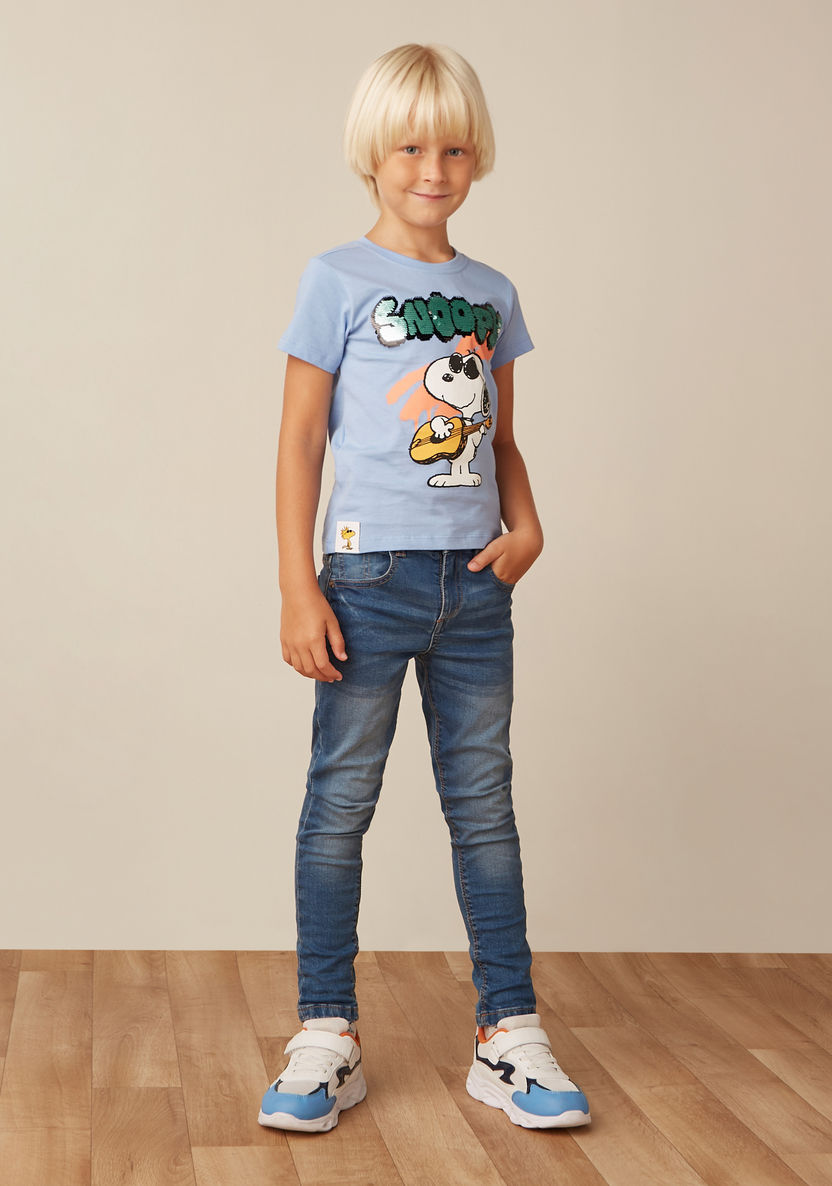 Embellished Snoopy Print T-shirt with Short Sleeves-T Shirts-image-1
