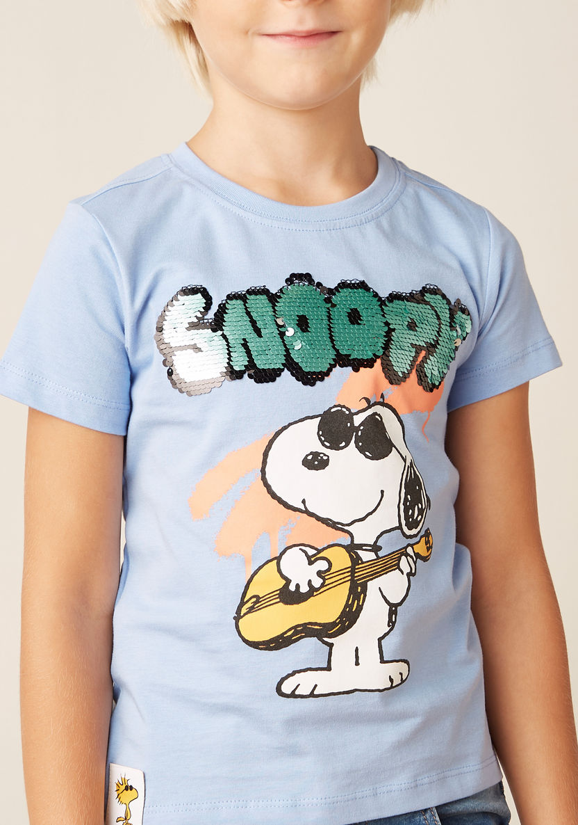 Embellished Snoopy Print T-shirt with Short Sleeves-T Shirts-image-3