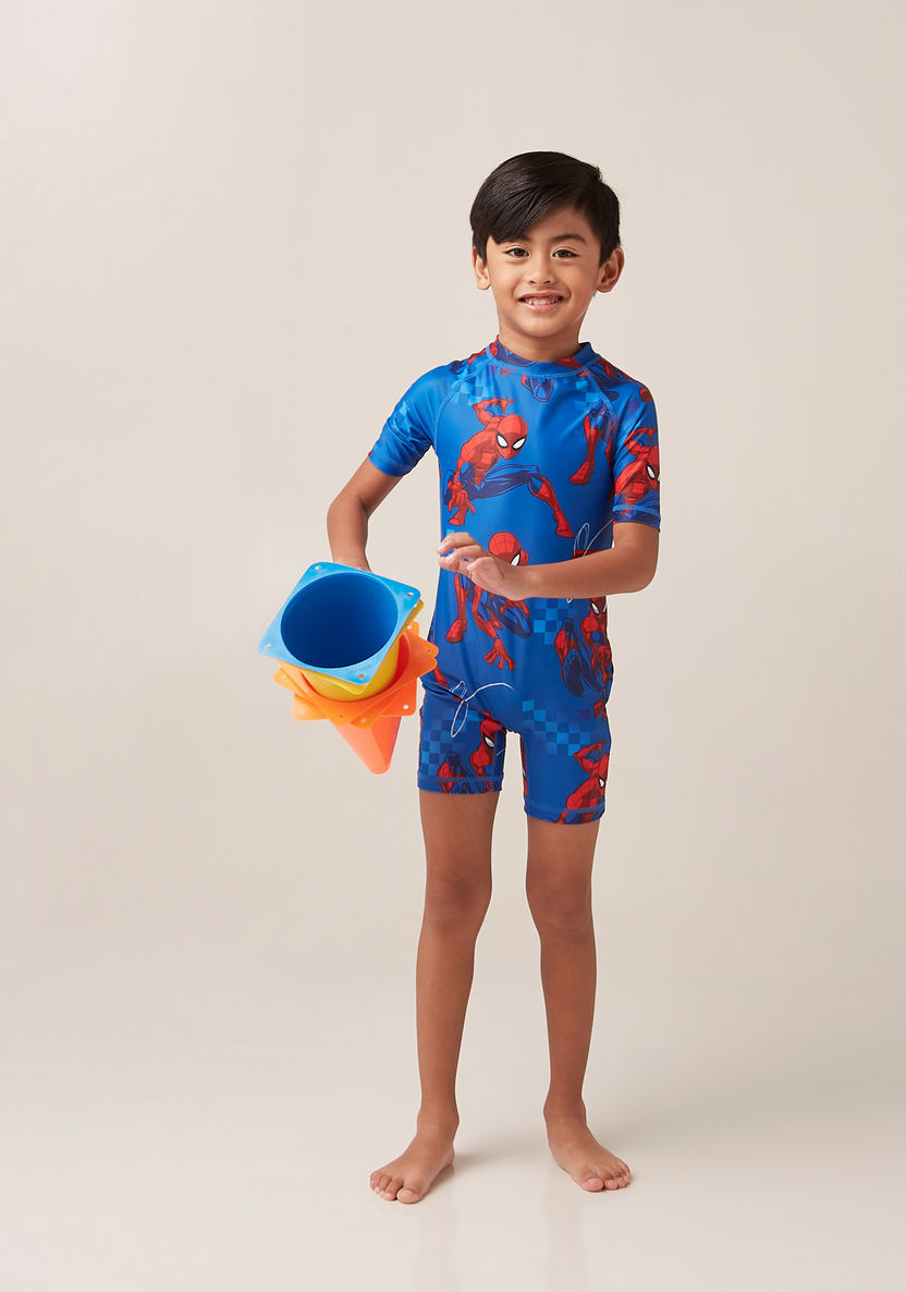 All-Over Spider-Man Print Swimsuit with Short Sleeves-Swimwear-image-1