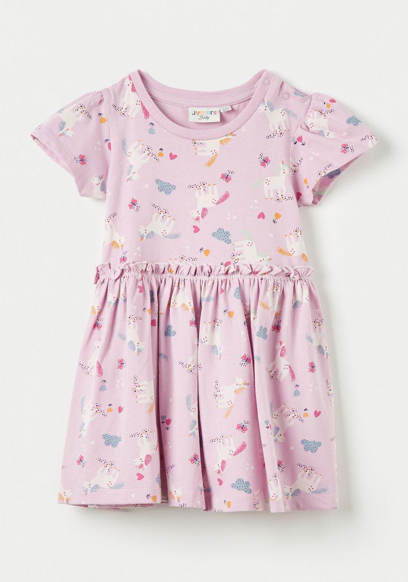 Juniors Unicorn All-Over Print A-line Dress with Ruffle Detail and Short Sleeves-Dresses%2C Gowns and Frocks-image-0