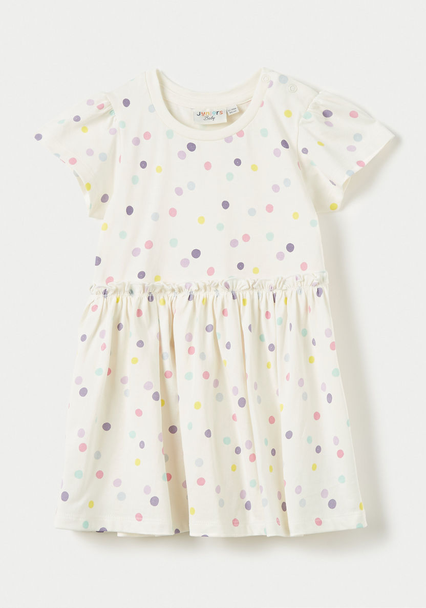 Juniors Polka Dot All-Over Print A-line Dress with Ruffle Detail and Short Sleeves-Dresses%2C Gowns and Frocks-image-0