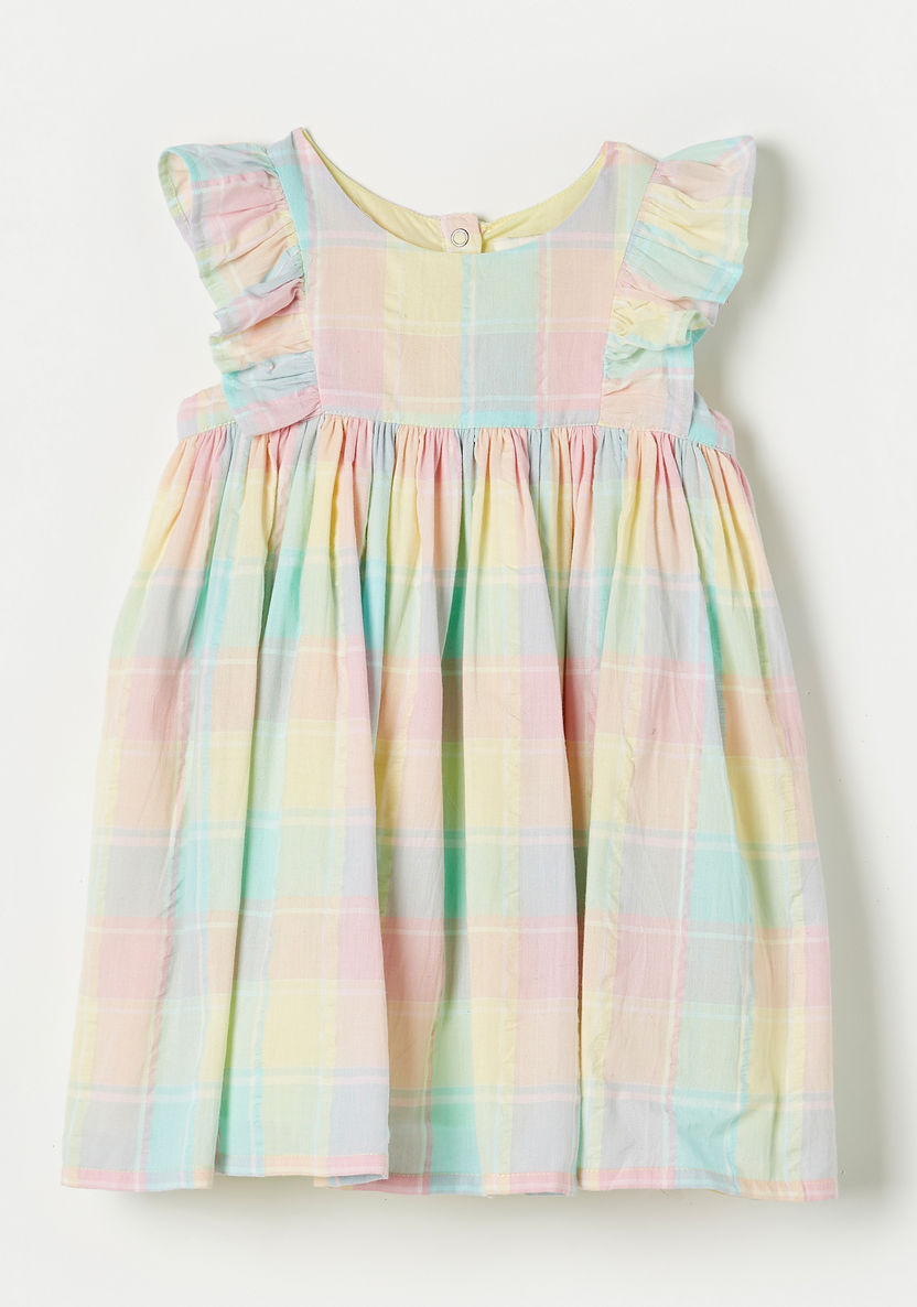 Juniors All-Over Checked A-line Dress with Ruffle Sleeves and Round Neck-Dresses%2C Gowns and Frocks-image-0