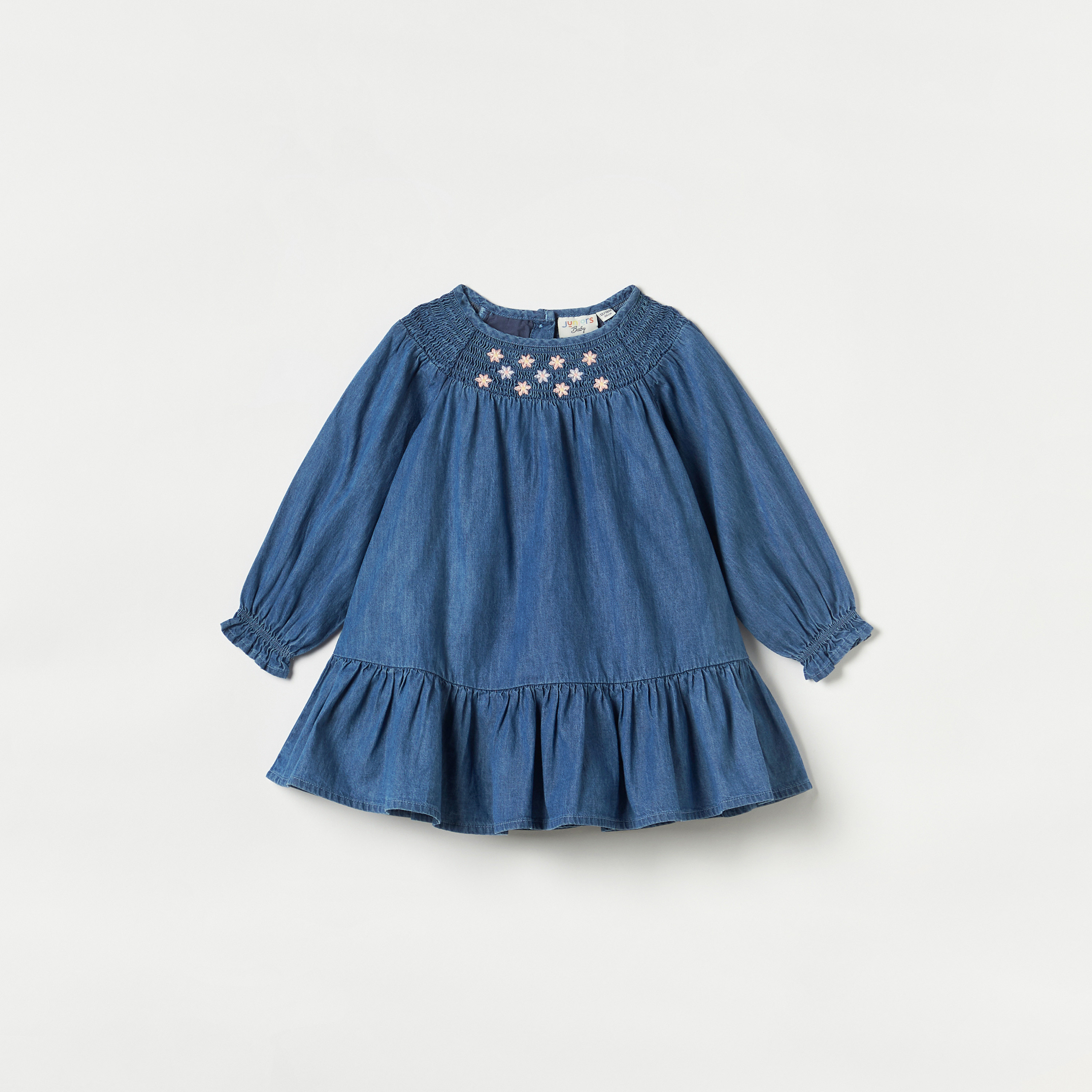 Juniors Embroidered Dress with Smocked Detail and Long Sleeves-baby-girls-clothing-dressesandjumpsuits-image-1