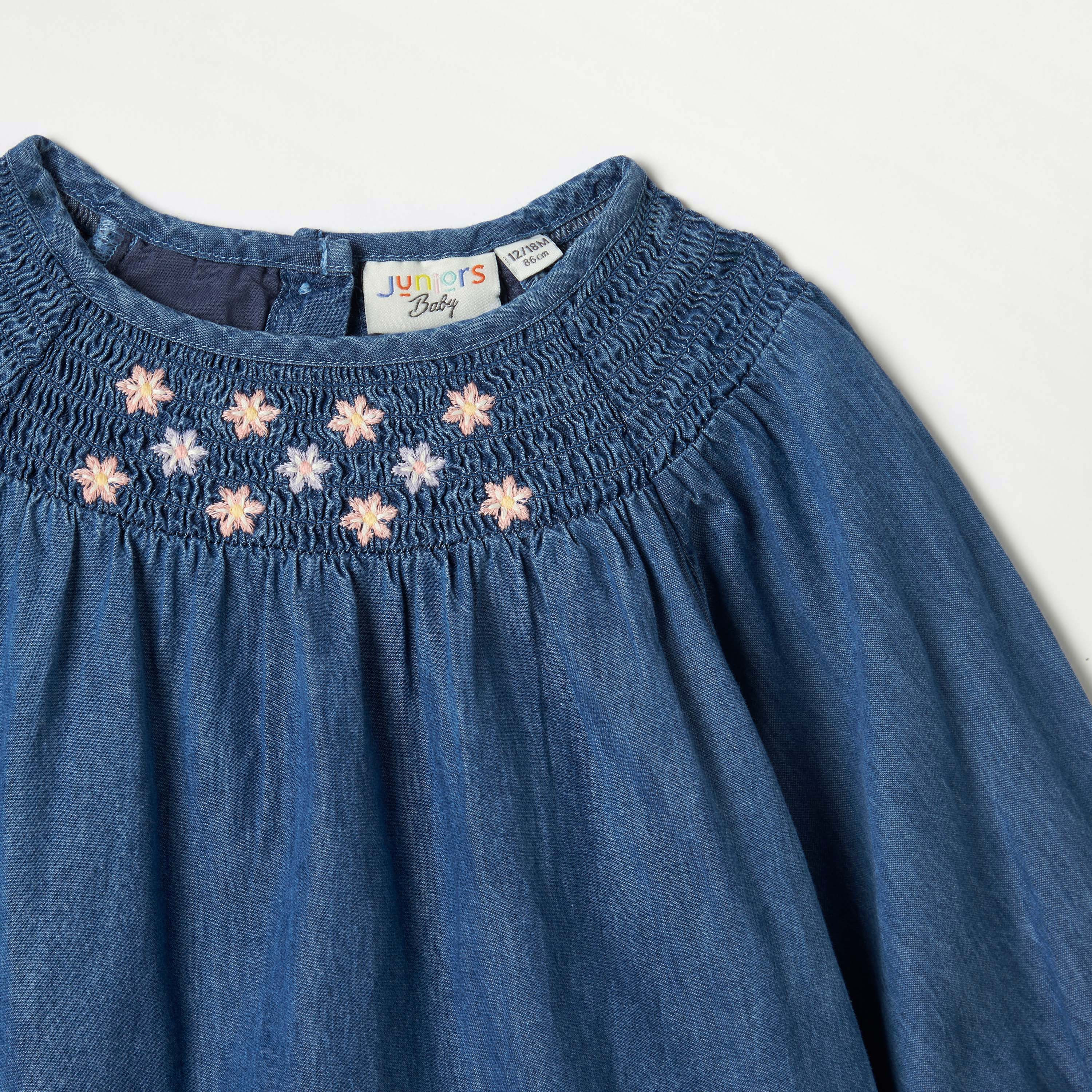 Juniors Embroidered Dress with Smocked Detail and Long Sleeves-baby-girls-clothing-dressesandjumpsuits-image-3