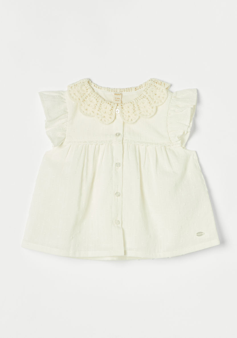 Giggles Solid A-line Top with Crochet Peter Pan Collar and Ruffled Sleeves-Blouses-image-0