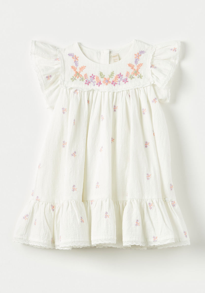 Giggles Floral Embroidered Dress with Ruffled Sleeves-Dresses%2C Gowns and Frocks-image-0
