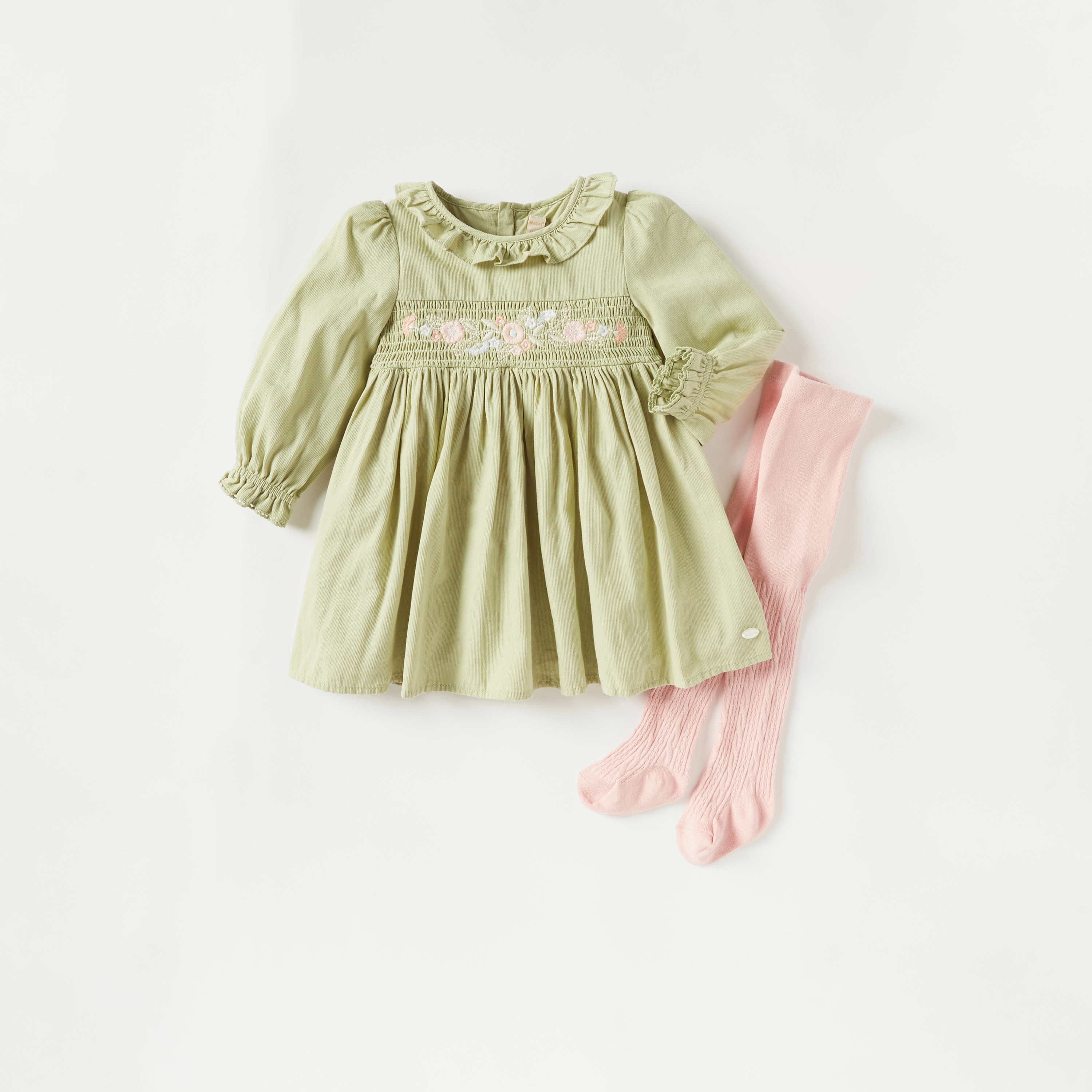 طقم فستان إيه لاين بتطريز زهور مع جوارب بارزة الملمس من جيجلز-baby-girls-clothing-dressesandjumpsuits-image-1