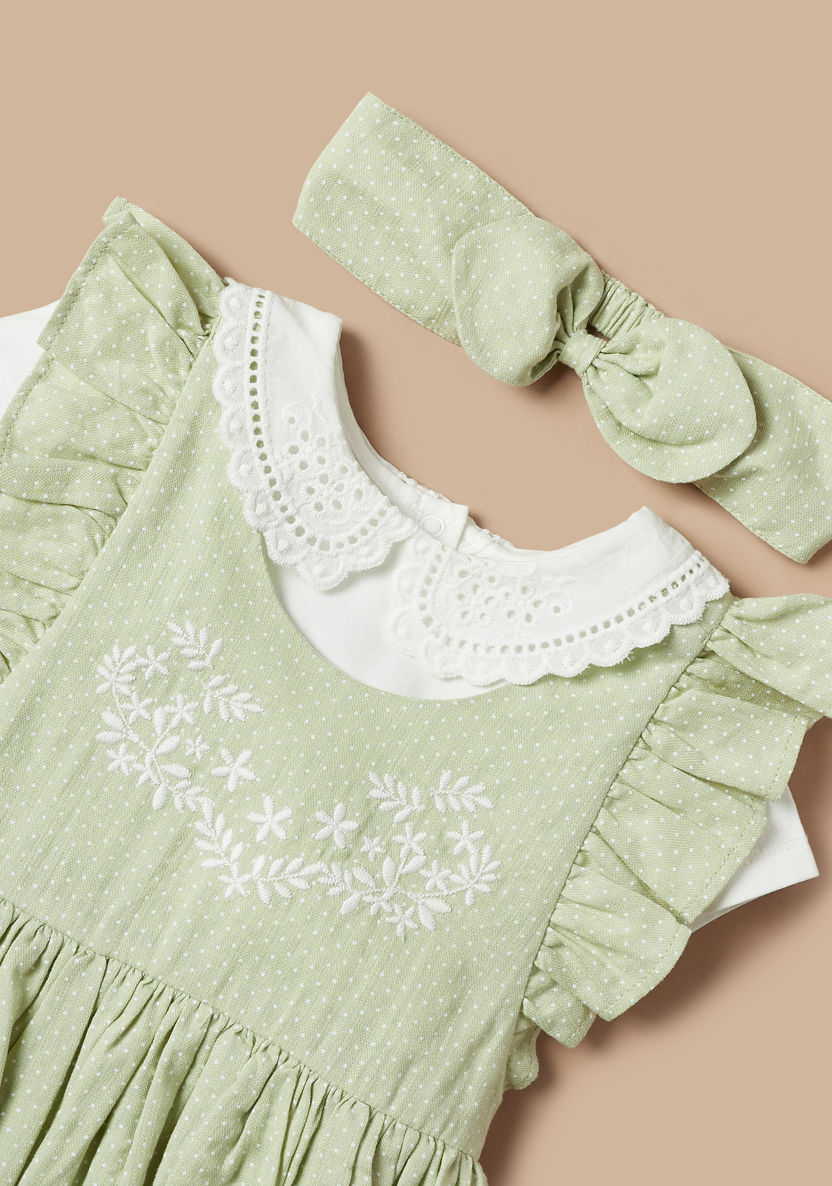 Giggles Textured Peter Pan Collar Top with Ruffled Pinafore and Bow Detail Headband-Clothes Sets-image-3