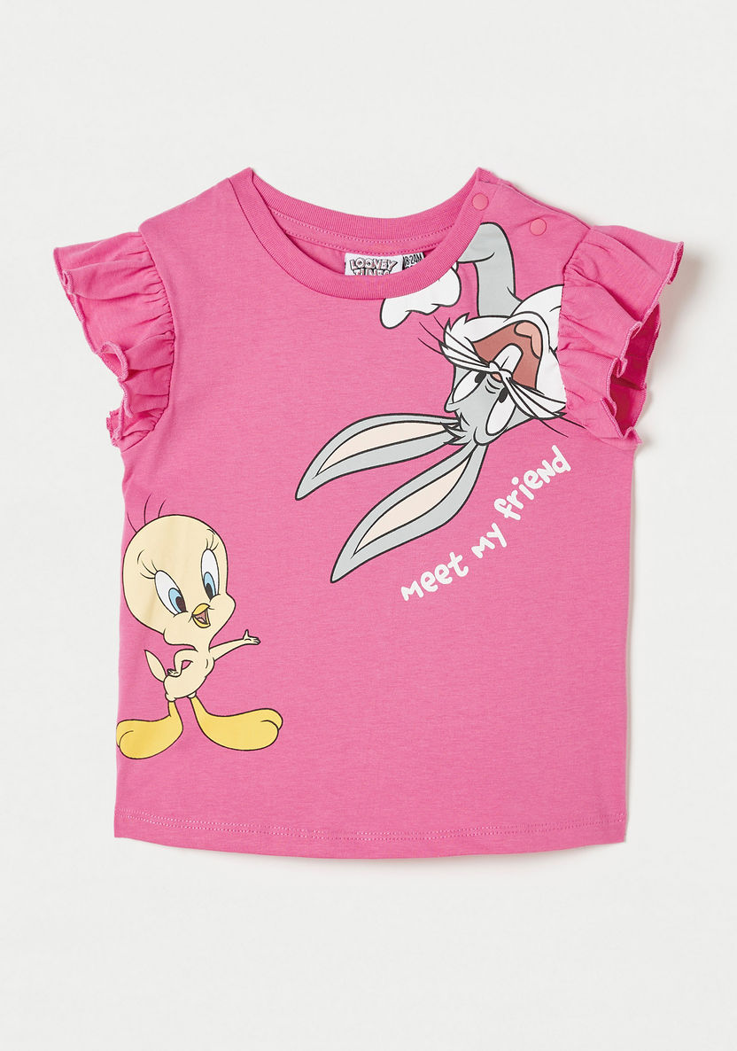 Looney Tunes Print T-shirt with Ruffled Sleeves-T Shirts-image-0
