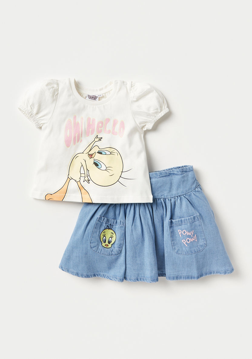 Tweety Print T-shirt with Skirt-Clothes Sets-image-0