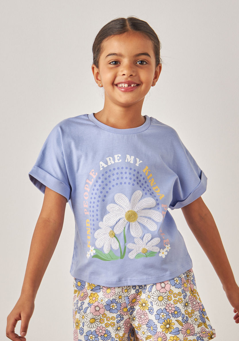 Juniors Floral Print Crew Neck T-shirt with Short Sleeves-T Shirts-image-1