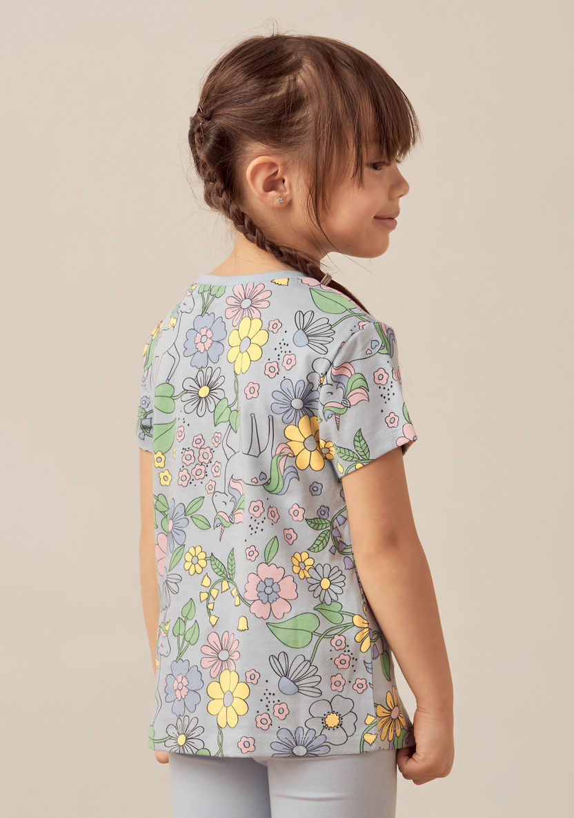 Juniors All-Over Floral Print T-shirt with Crew Neck and Short Sleeves-T Shirts-image-3