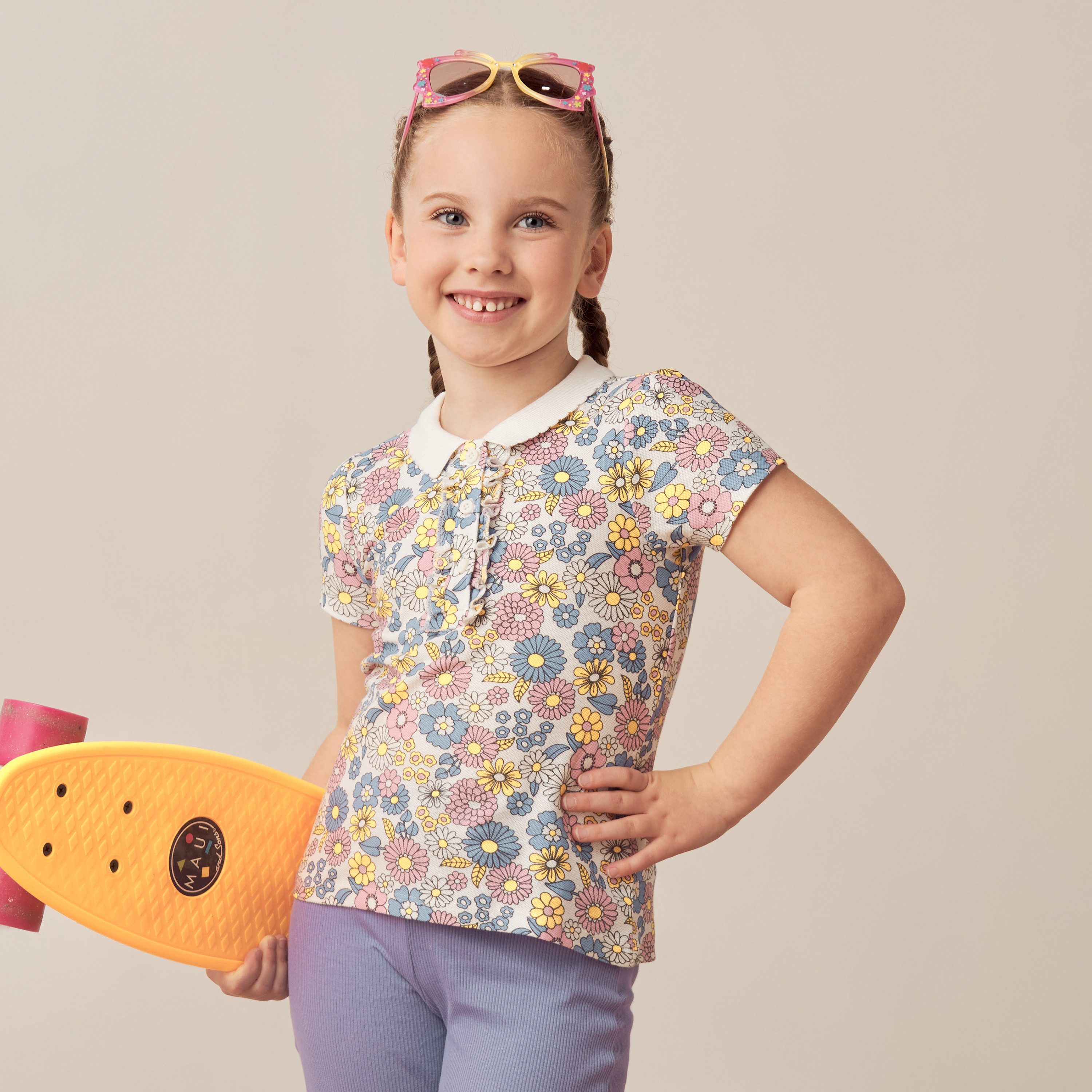 Juniors All-Over Floral Print Polo T-shirt with Short Sleeves and Ruffles-girls-clothing-schoolwear-tshirts-image-1