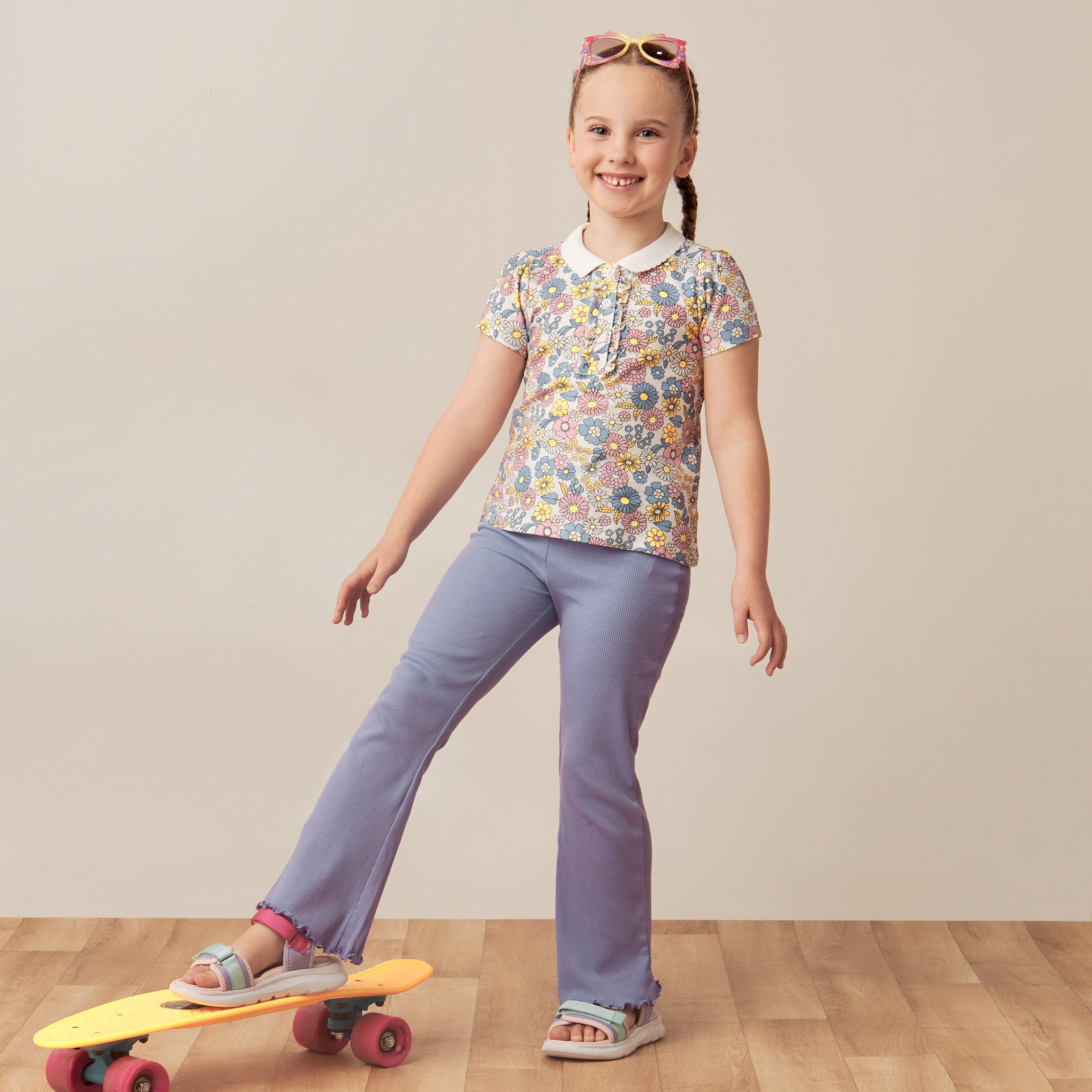 Juniors All-Over Floral Print Polo T-shirt with Short Sleeves and Ruffles-girls-clothing-schoolwear-tshirts-image-2