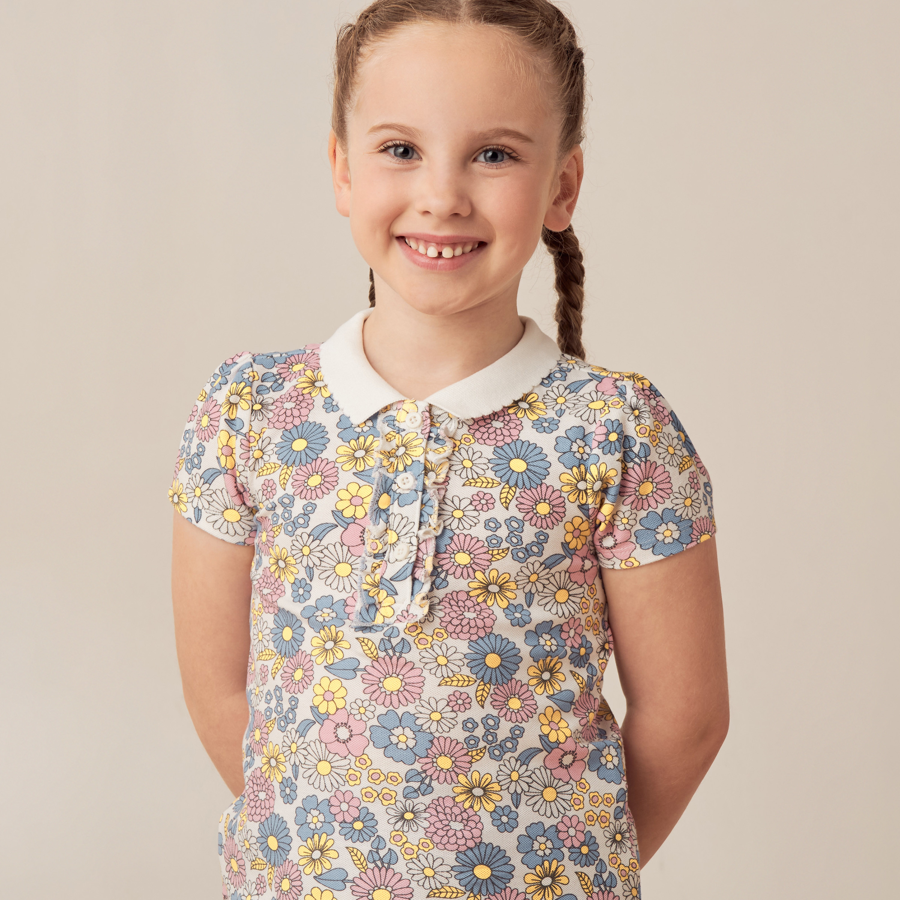 Juniors All-Over Floral Print Polo T-shirt with Short Sleeves and Ruffles-girls-clothing-schoolwear-tshirts-image-3
