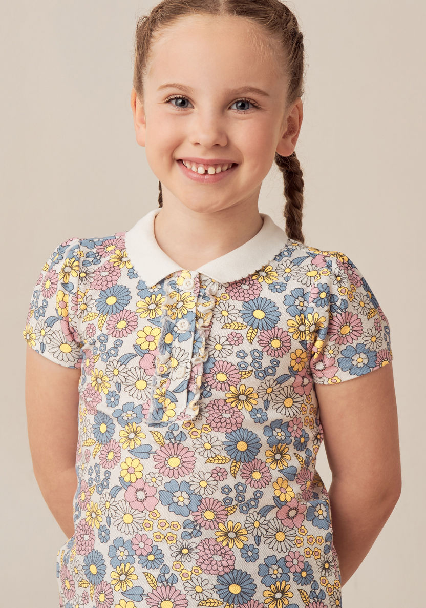 Juniors All-Over Floral Print Polo T-shirt with Short Sleeves and Ruffles-T Shirts-image-2