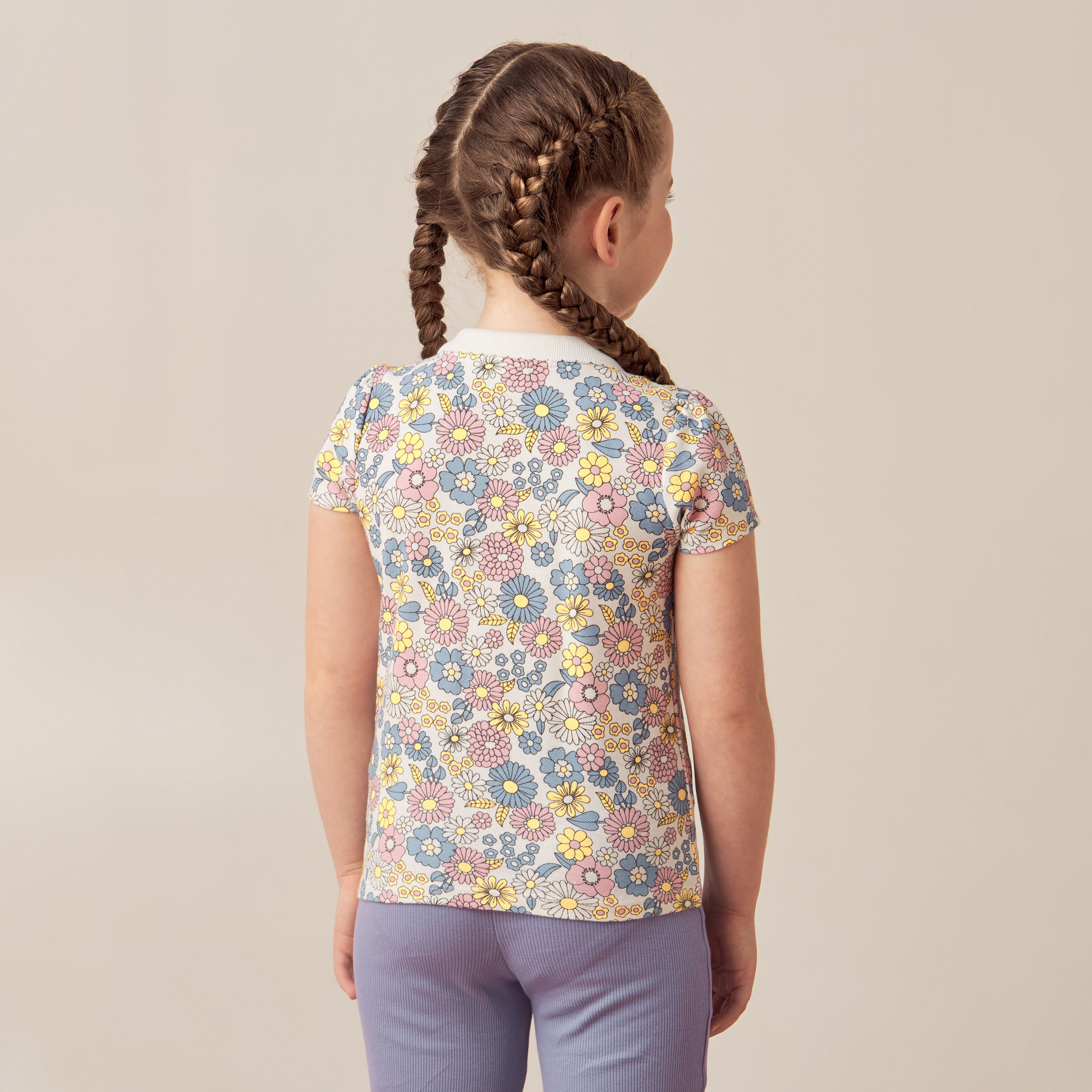 Juniors All-Over Floral Print Polo T-shirt with Short Sleeves and Ruffles-girls-clothing-schoolwear-tshirts-image-4