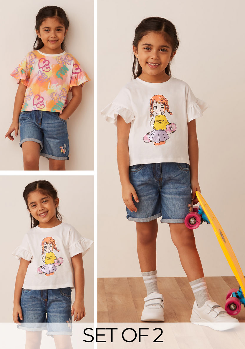 Juniors Graphic Print T-shirt with Short Ruffle Sleeves - Set of 2-T Shirts-image-0