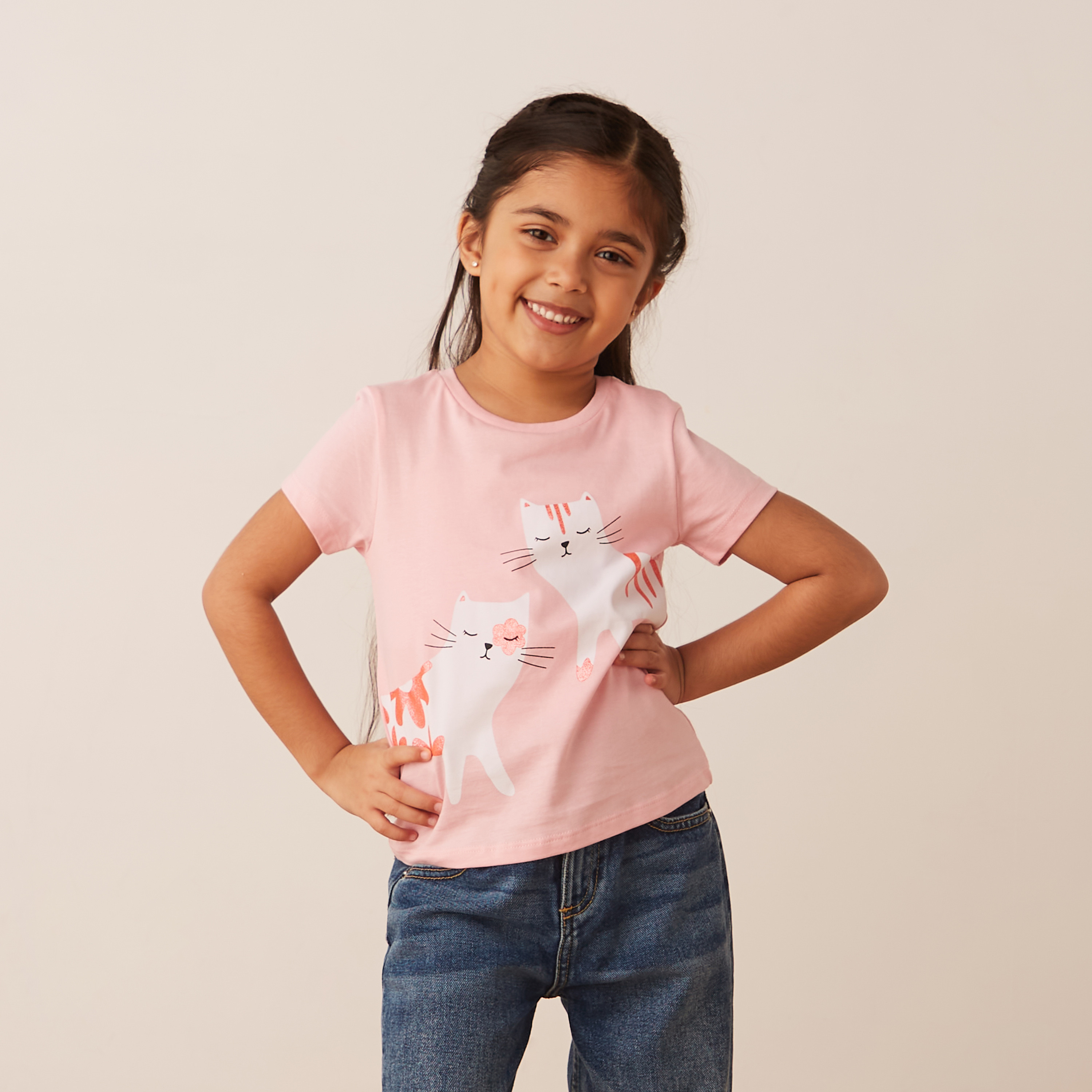 Juniors Graphic Print Crew Neck T-shirt with Short Sleeves-girls-clothing-tshirts-image-2