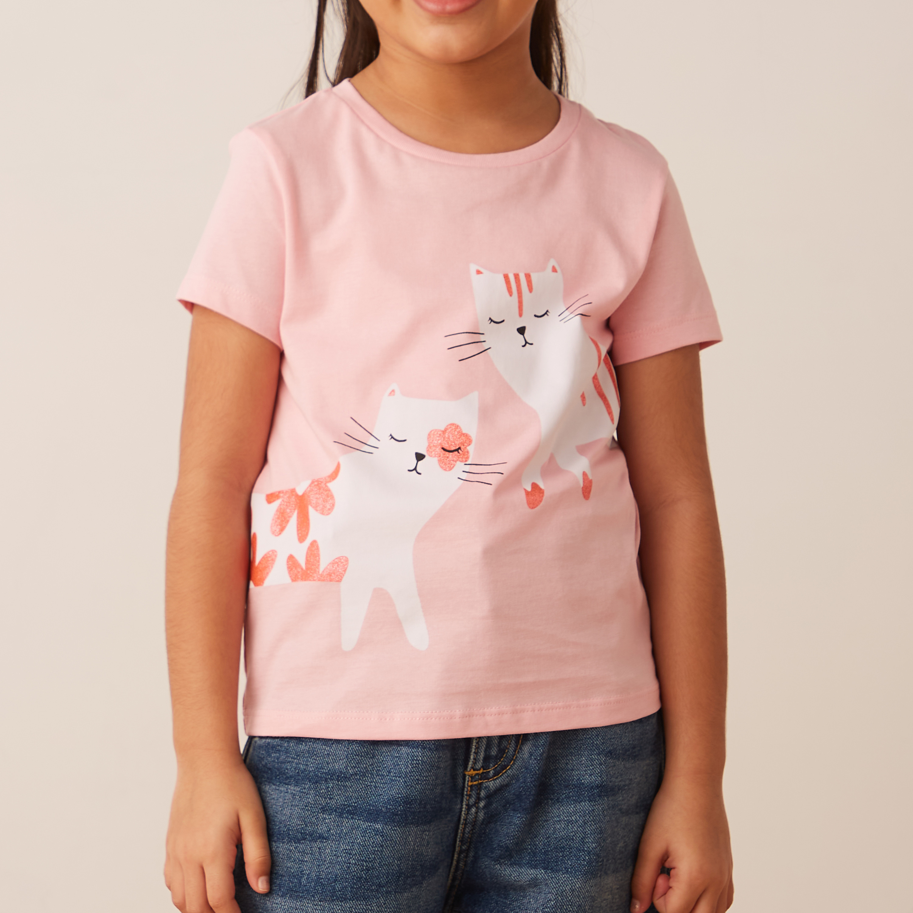 Juniors Graphic Print Crew Neck T-shirt with Short Sleeves-girls-clothing-tshirts-image-3