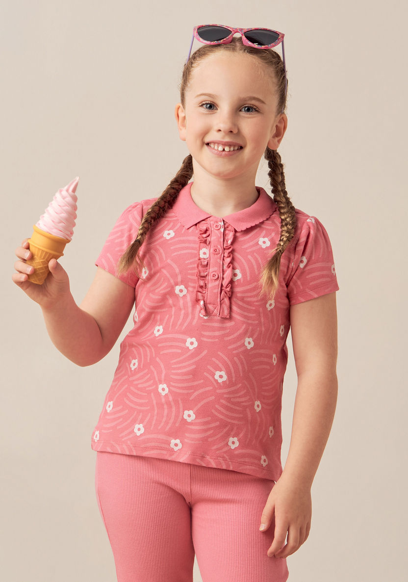Juniors All-Over Floral Print Polo T-shirt with Short Sleeves and Ruffles-T Shirts-image-0