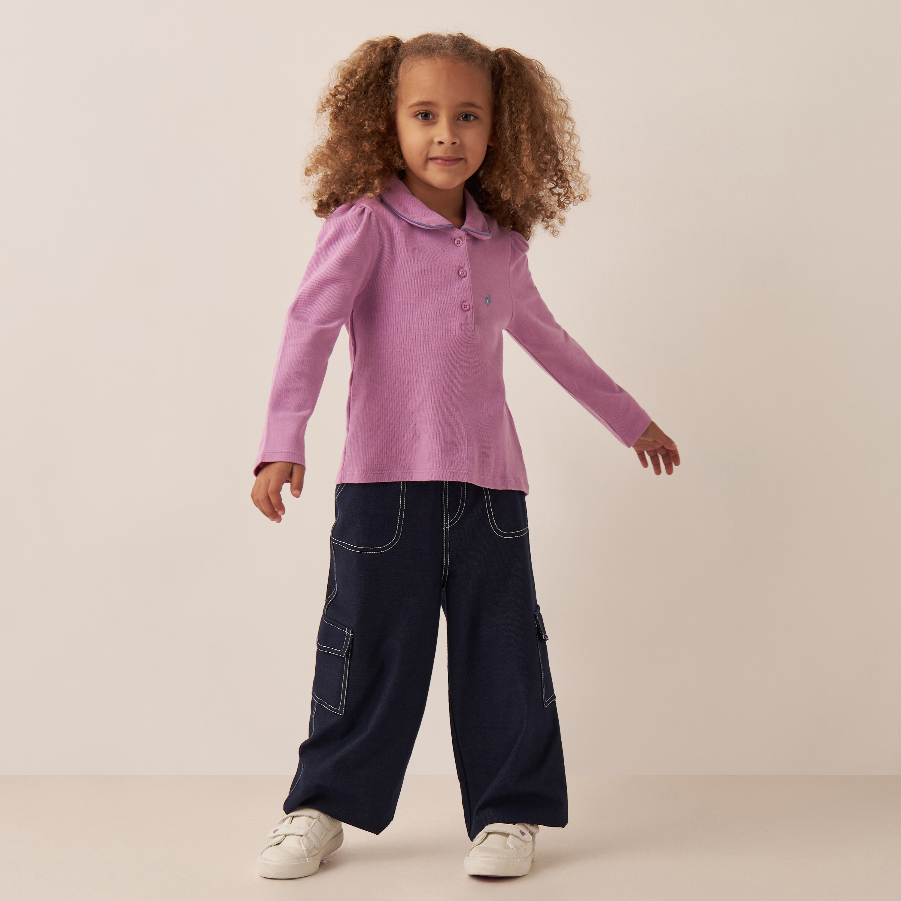 Juniors Solid Polo T-shirt with Long Sleeves-girls-clothing-tshirts-image-2